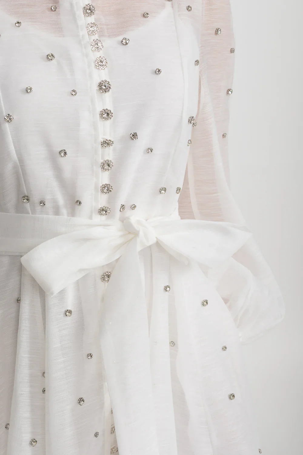 Elegant Dress With Long Puffed Sleeves, High Collar And Sparkling Embellishments - White