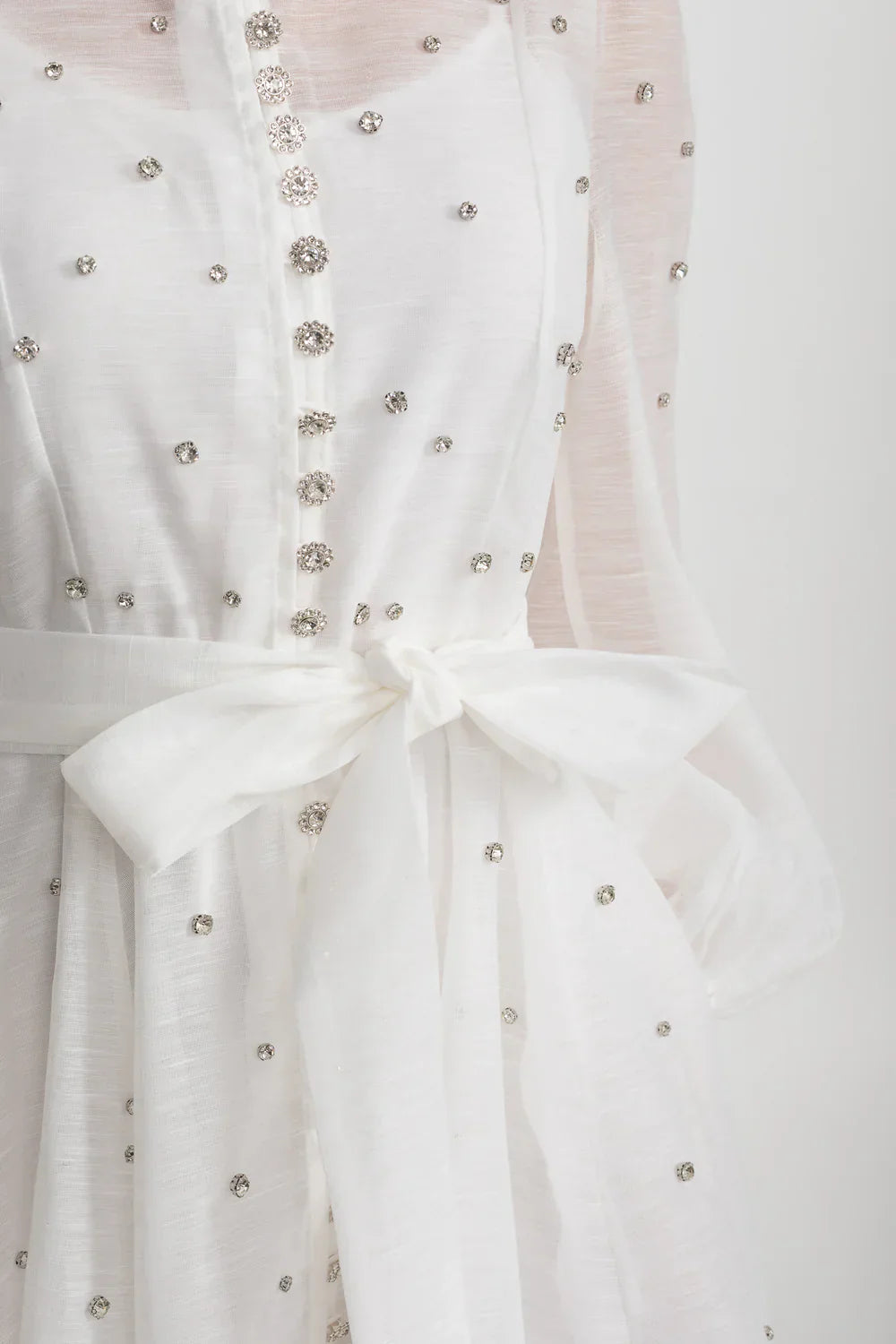 Elegant Dress With Long Puffed Sleeves, High Collar And Sparkling Embellishments - White