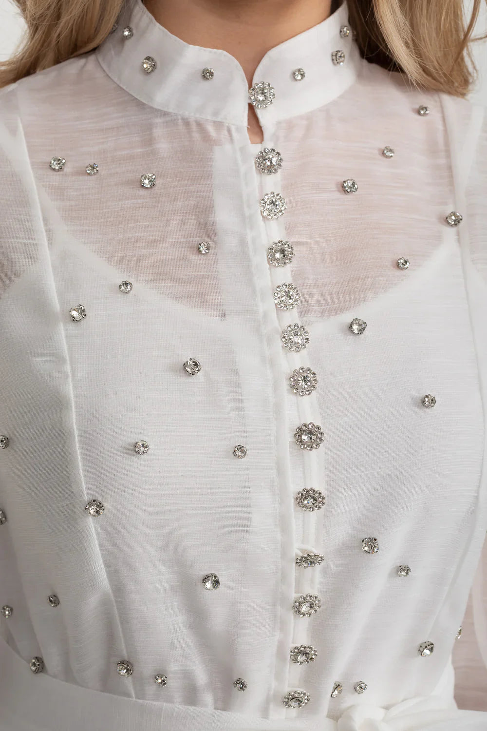 Elegant Dress With Long Puffed Sleeves, High Collar And Sparkling Embellishments - White