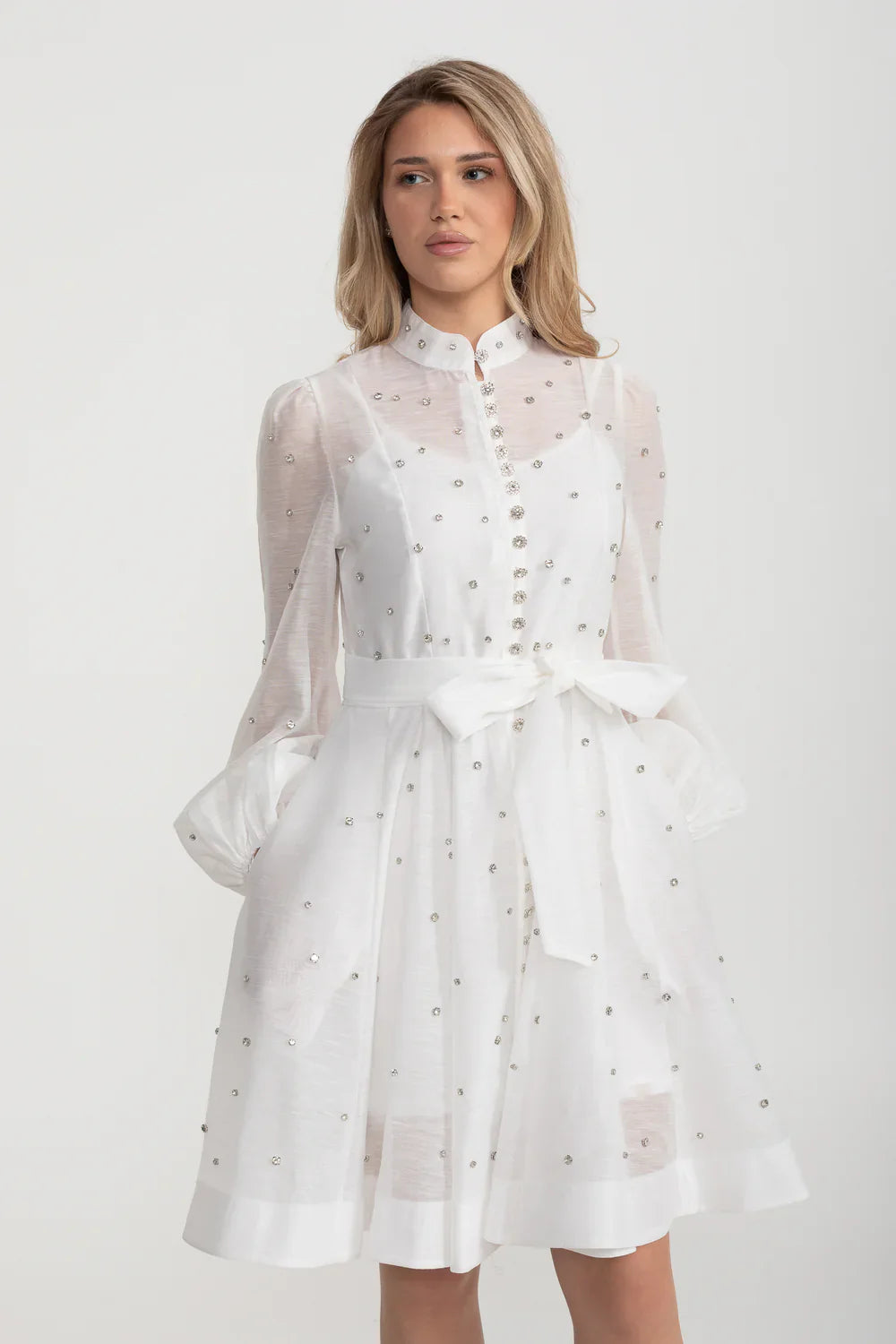 Elegant Dress With Long Puffed Sleeves, High Collar And Sparkling Embellishments - White