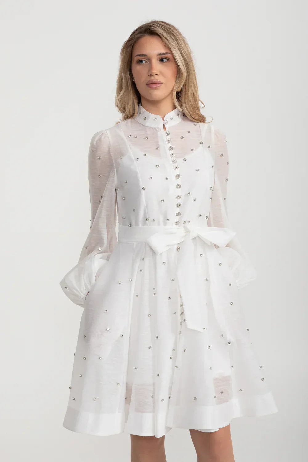 Elegant Dress With Long Puffed Sleeves, High Collar And Sparkling Embellishments - White