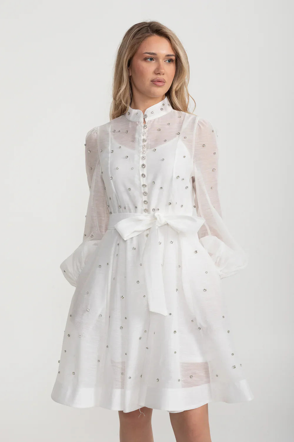 Elegant Dress With Long Puffed Sleeves, High Collar And Sparkling Embellishments - White