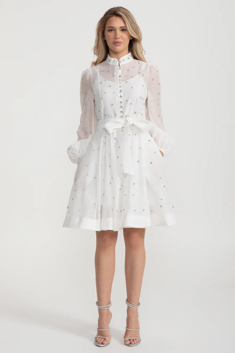 Elegant Dress With Long Puffed Sleeves, High Collar And Sparkling Embellishments - White