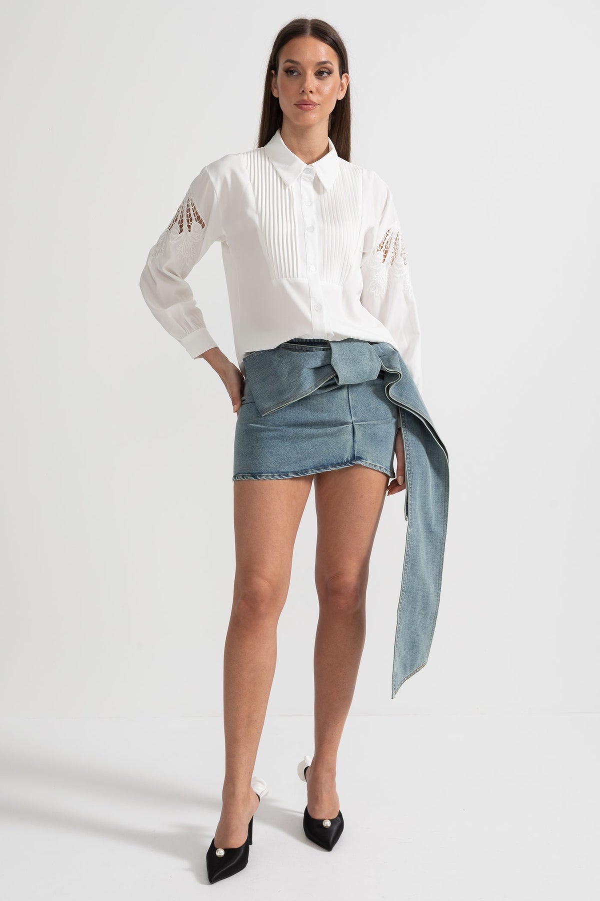 Long-Sleeve Shirt With Pleated Front And Lace Sleeve Inserts - White