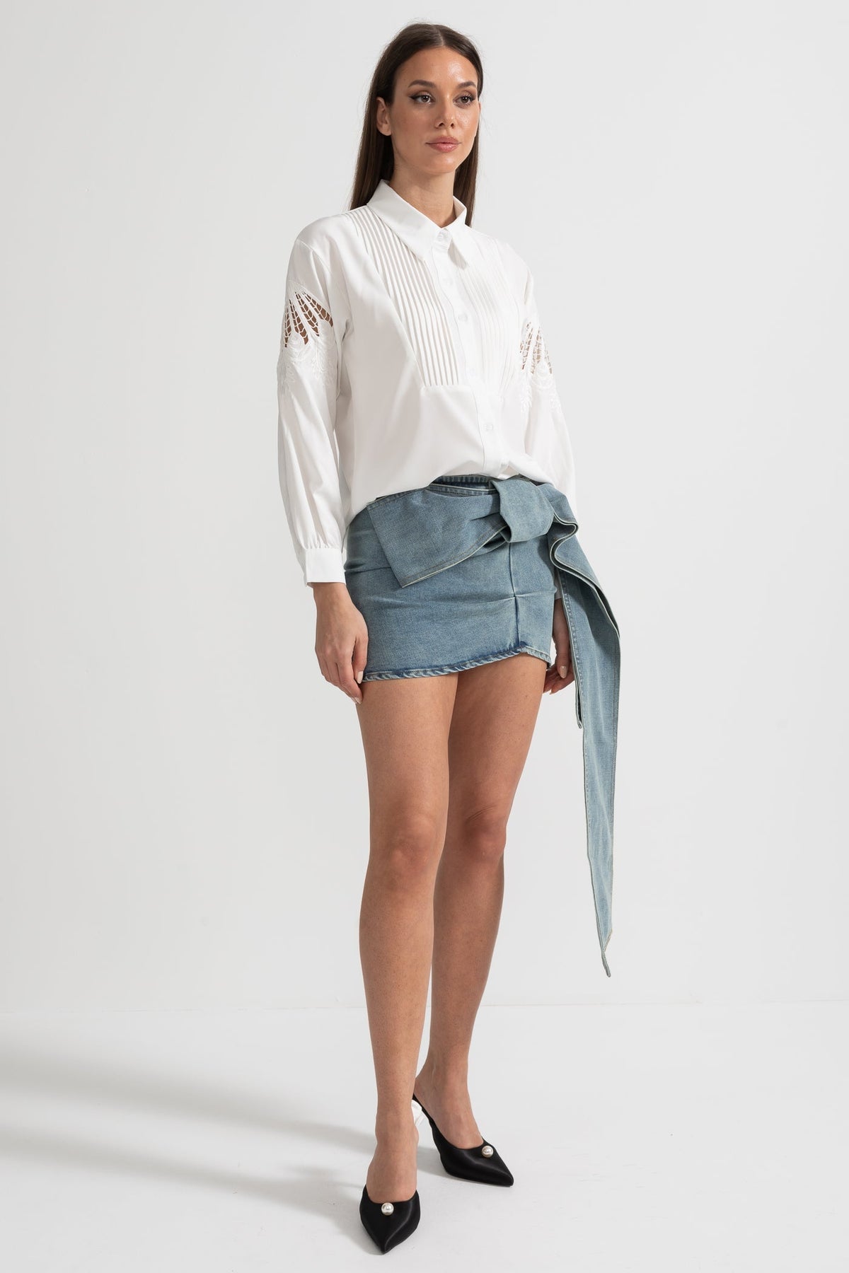 Long-Sleeve Shirt With Pleated Front And Lace Sleeve Inserts - White