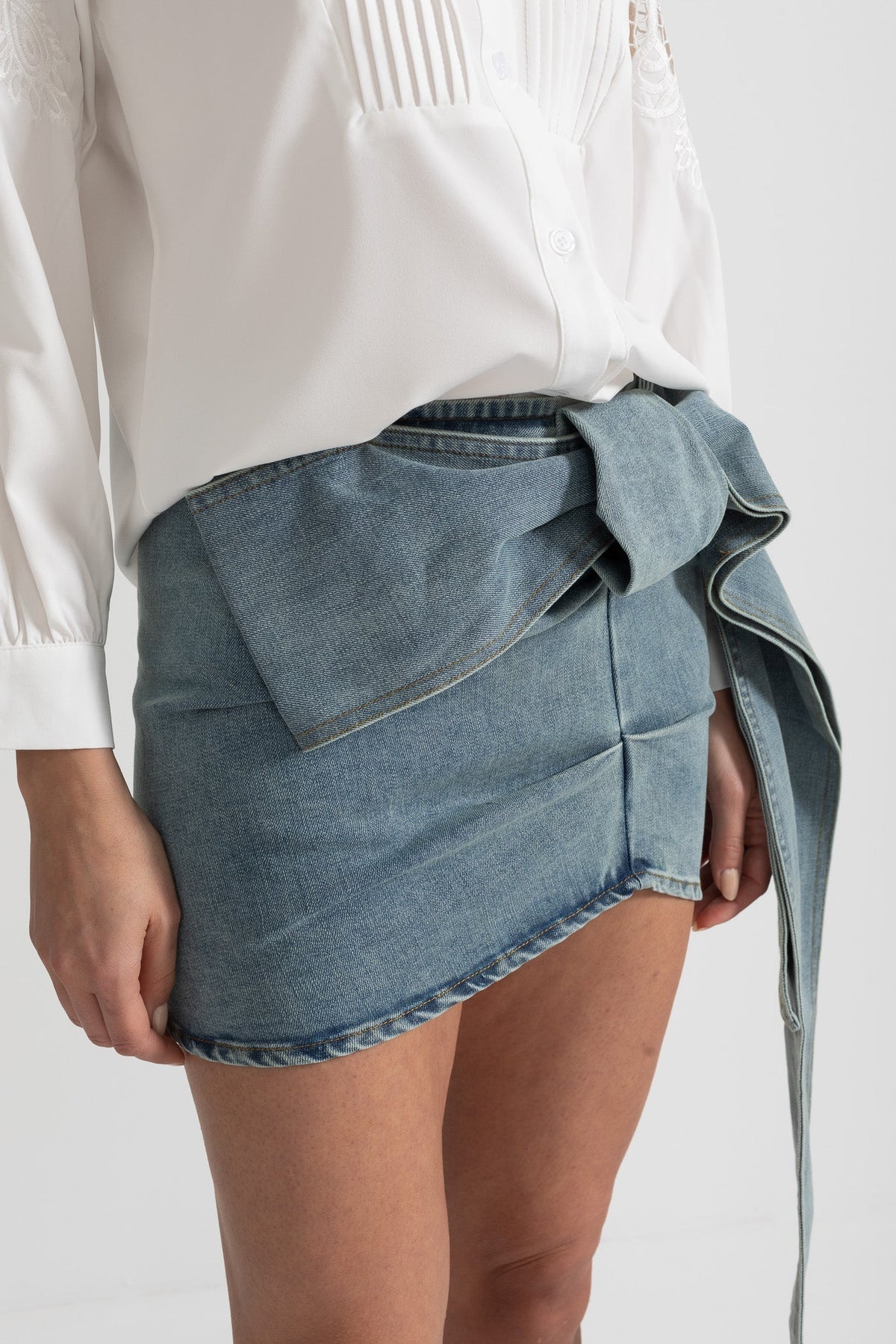 Denim Mini Skirt with Oversized Bow Detail - Blue
