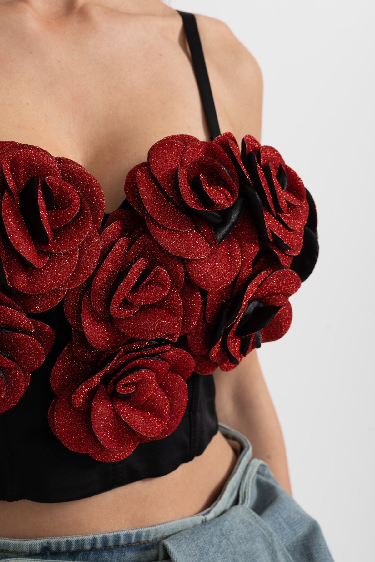Corset Top with Red 3D Rose Appliqués - Black