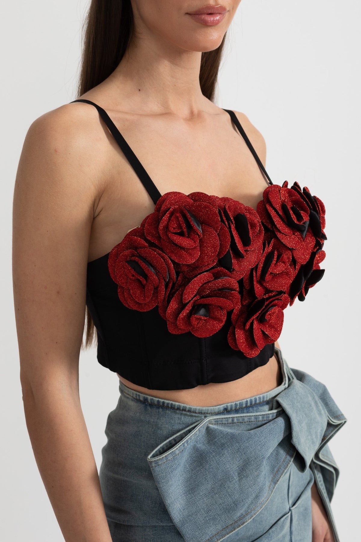 Corset Top with Red 3D Rose Appliqués - Black