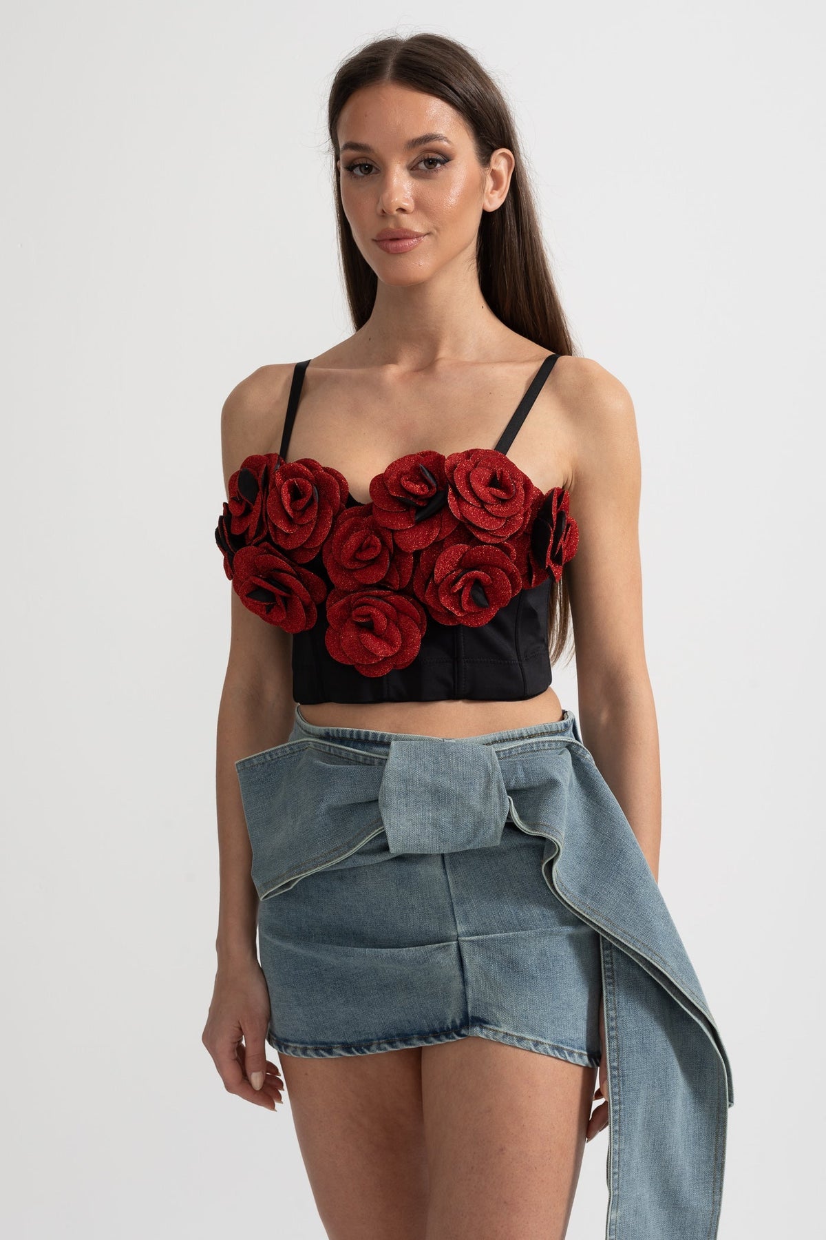 Corset Top with Red 3D Rose Appliqués - Black