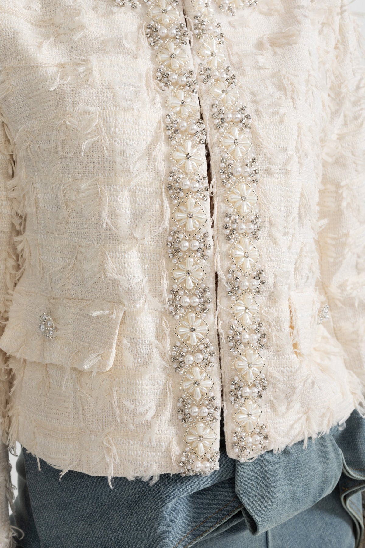 Textured Jacket Top with Pearl and Crystal Embellishments - Ivoire