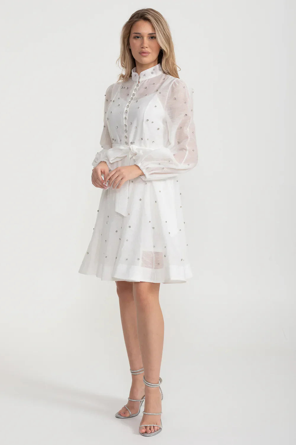 Elegant Dress With Long Puffed Sleeves, High Collar And Sparkling Embellishments - White