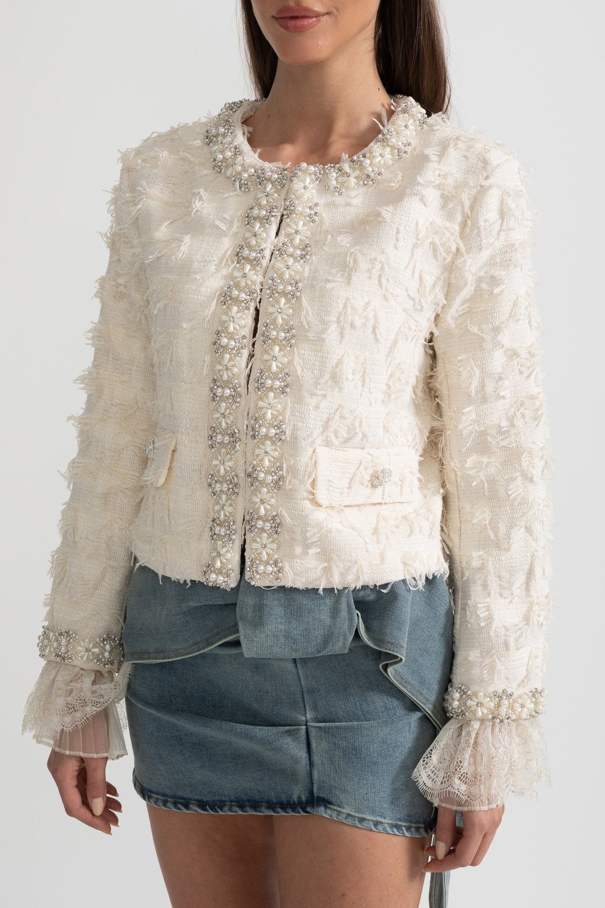 Textured Jacket Top with Pearl and Crystal Embellishments - Ivoire