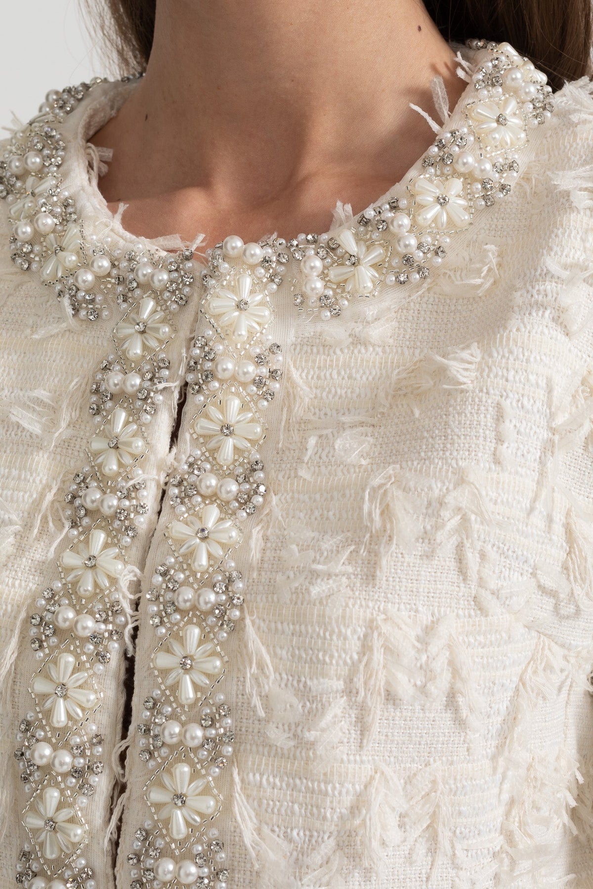 Textured Jacket Top with Pearl and Crystal Embellishments - Ivoire