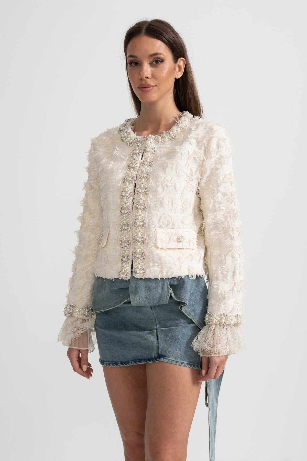 Textured Jacket Top with Pearl and Crystal Embellishments - Ivoire