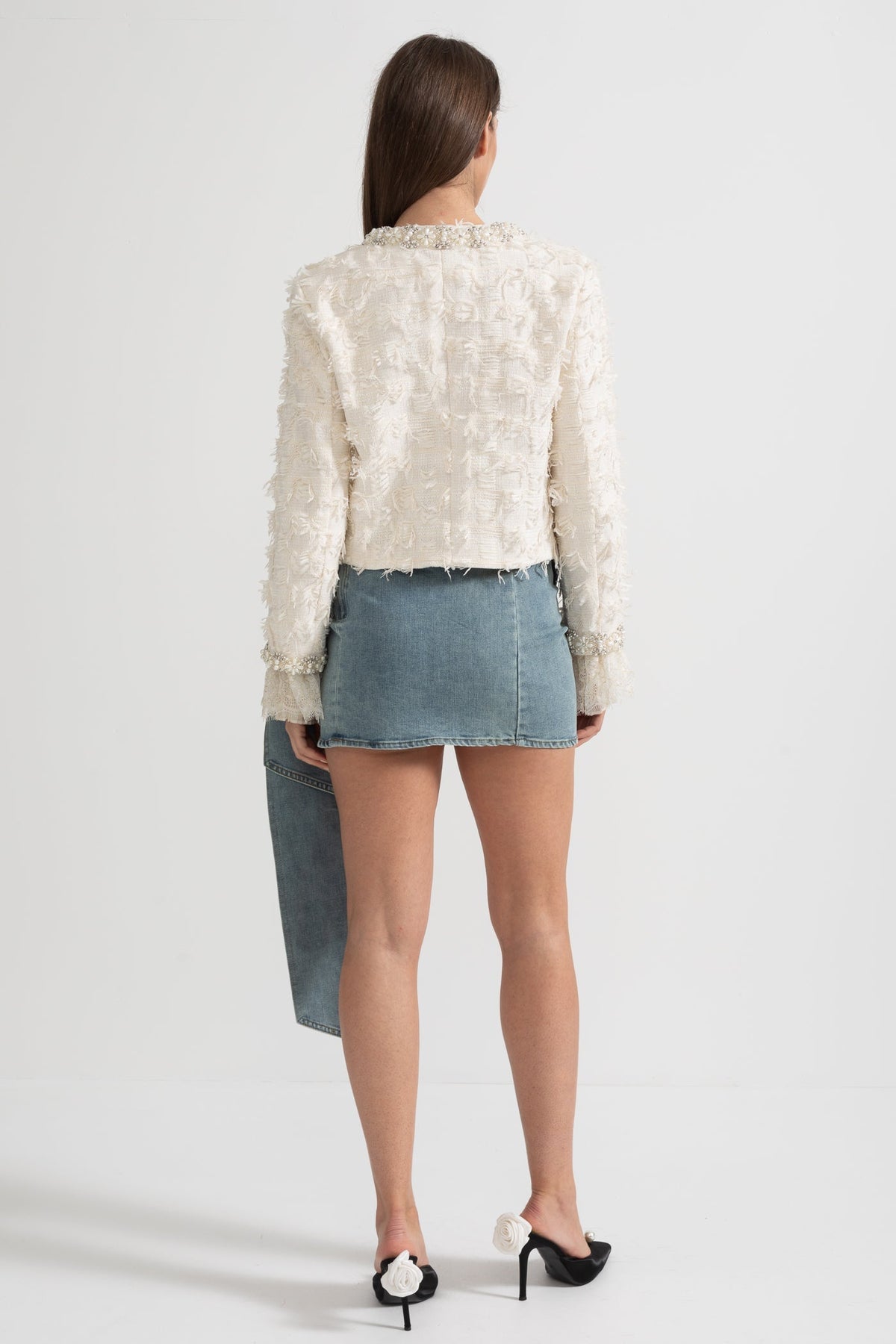 Textured Jacket Top with Pearl and Crystal Embellishments - Ivoire
