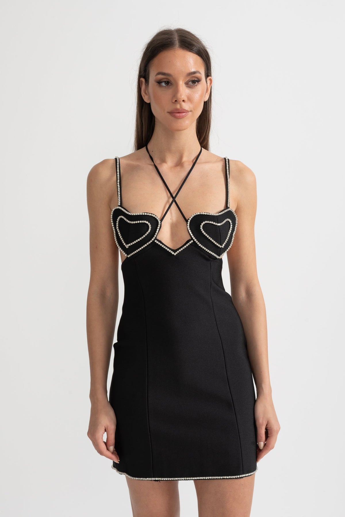 Mini Dress With Delicate Thin Straps And Crystal Heart Bodice Detailing - Black