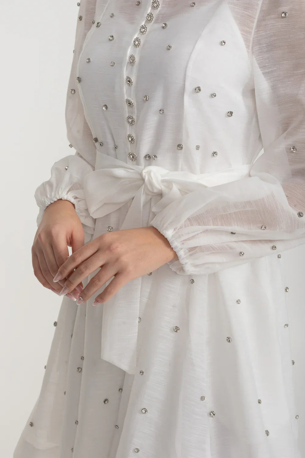 Elegant Dress With Long Puffed Sleeves, High Collar And Sparkling Embellishments - White