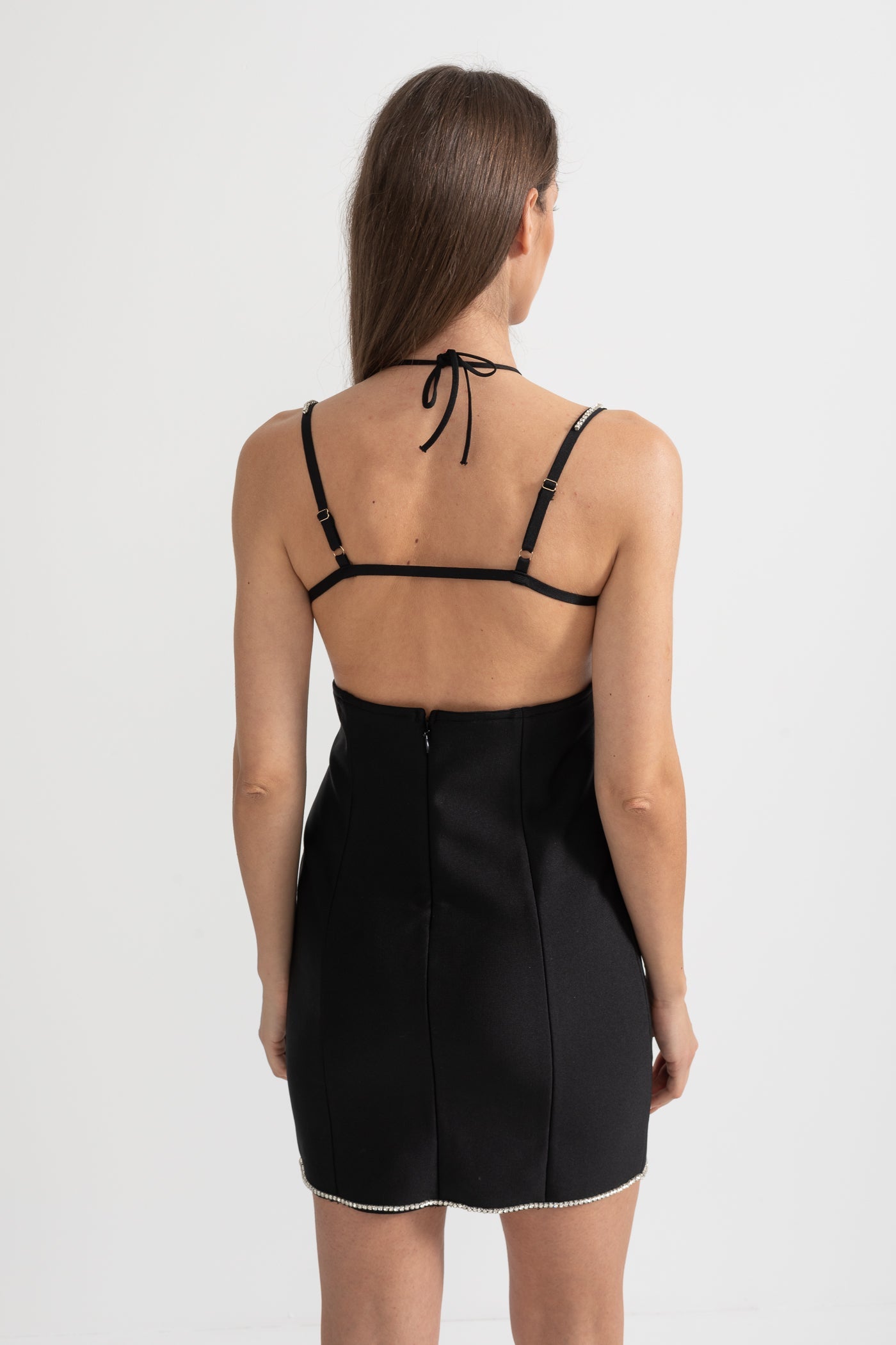 Mini Dress With Delicate Thin Straps And Crystal Heart Bodice Detailing - Black