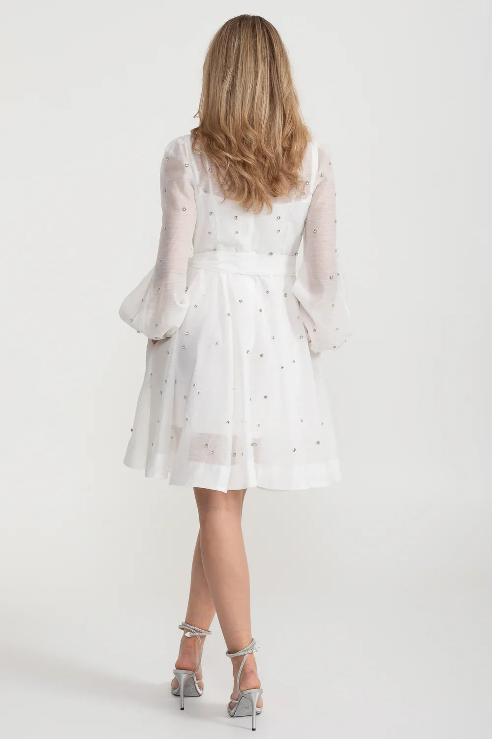 Elegant Dress With Long Puffed Sleeves, High Collar And Sparkling Embellishments - White