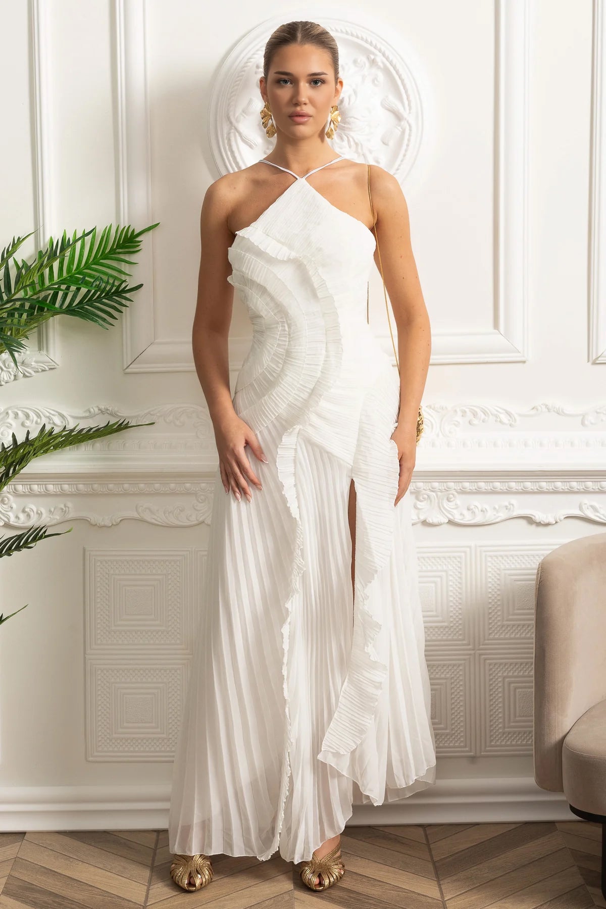 Pleated Halter Midi Dress With Cascading Ruffle Details - White