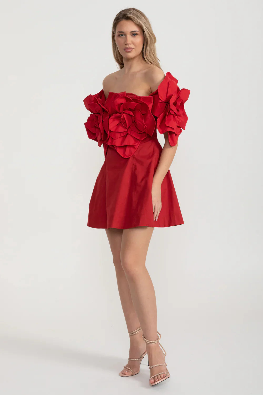 Off-Shoulder Mini Dress With Large Fabric Floral Accents - Red