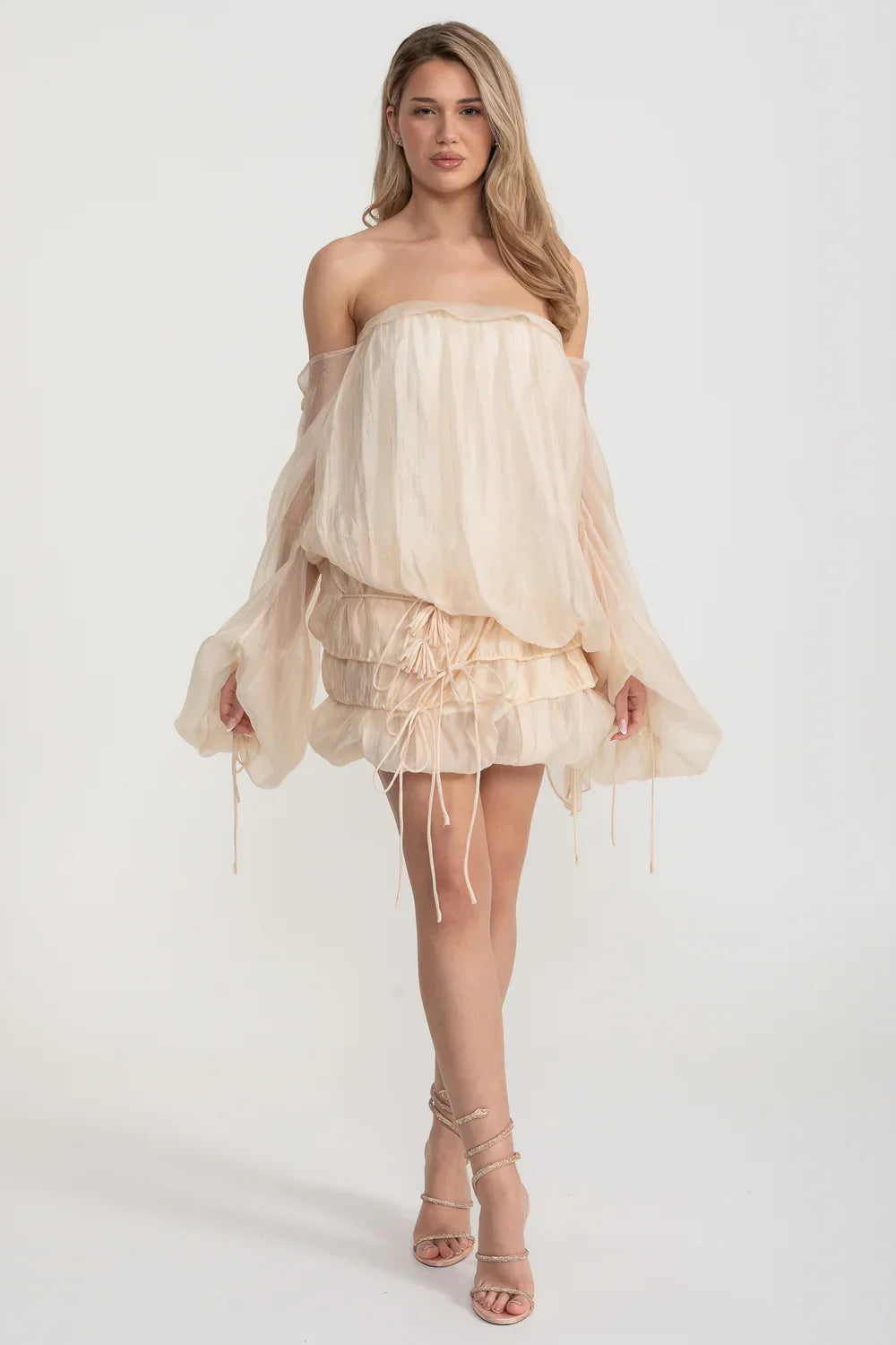 Sleeveless Draped Mini Dress With Ruffled Skirt - Ivoire