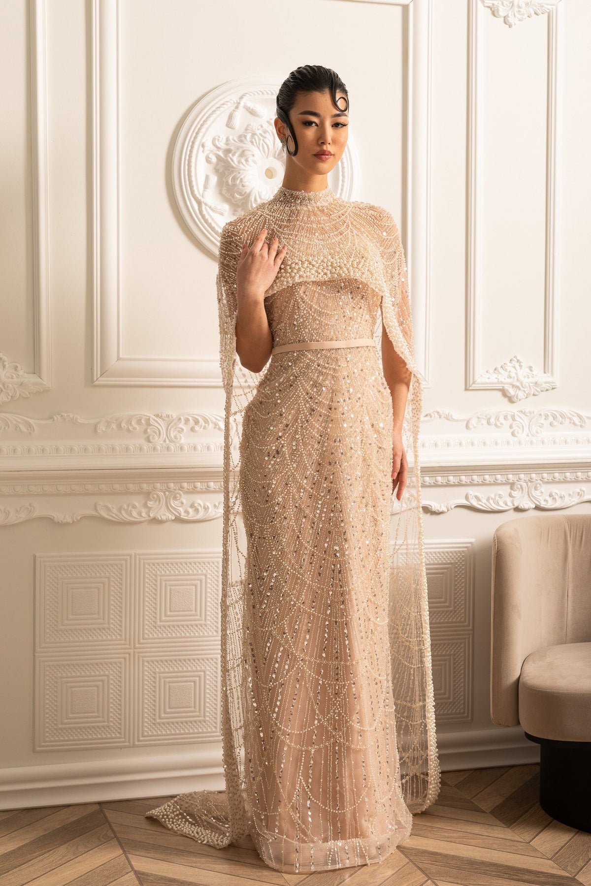 Glamourous Beaded Gown With Detachable Veil - Beige