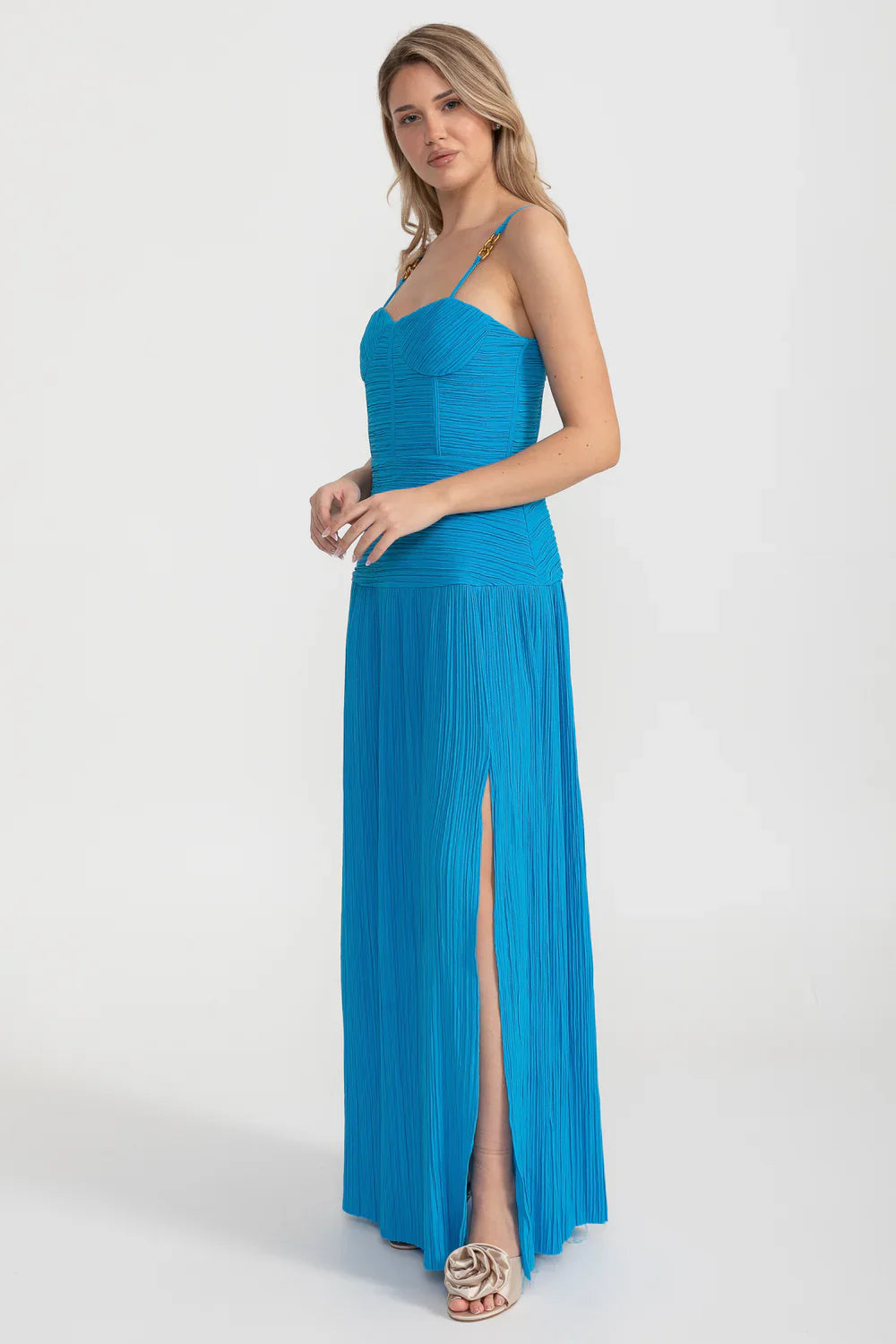 Elegant Dress With Ruched Fitted Bodice And Straight Skirt With Side Slit - Blue