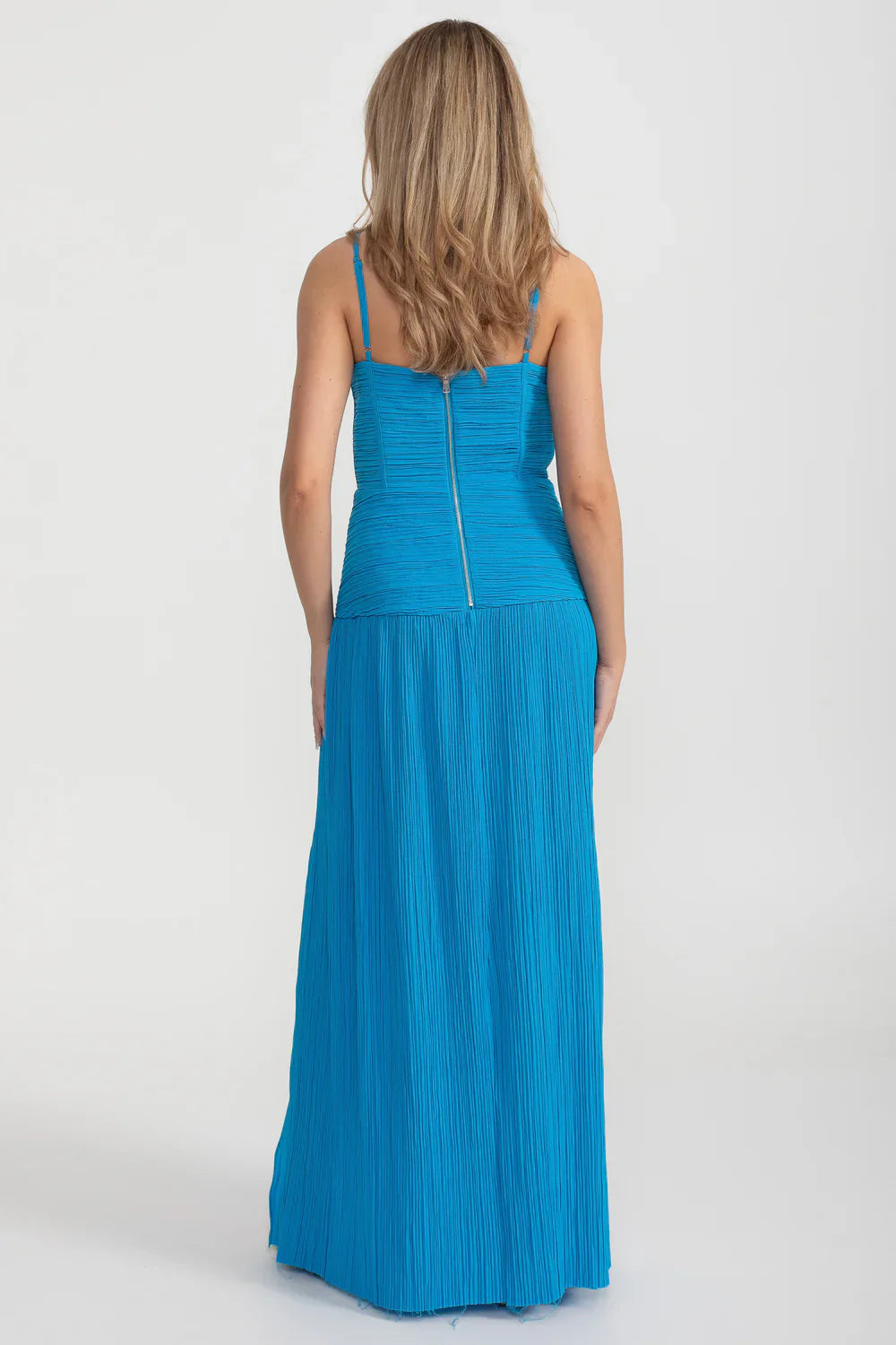 Elegant Dress With Ruched Fitted Bodice And Straight Skirt With Side Slit - Blue