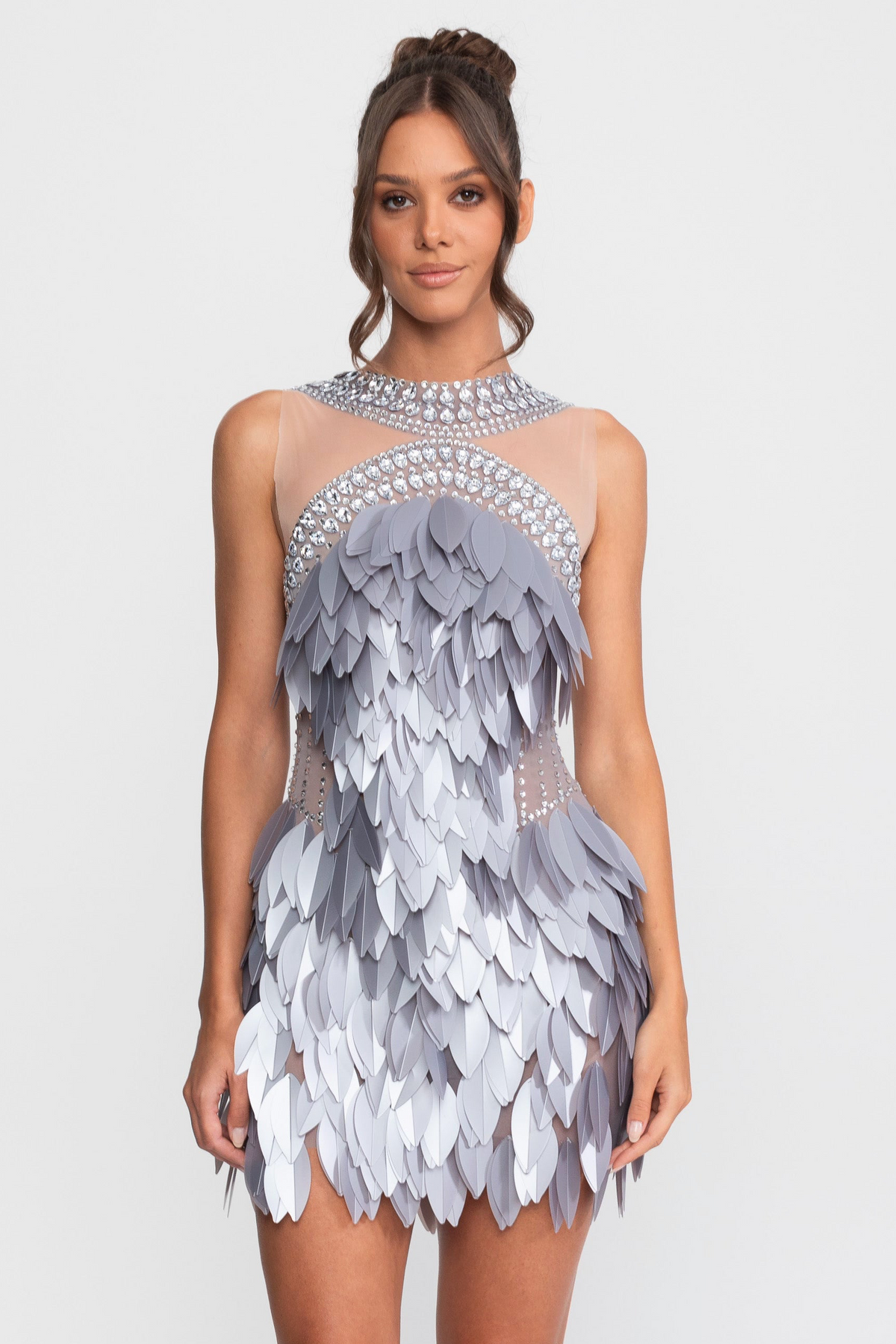 Sleeveless Sheer Mesh Feather-Panel Mini Dress With Crystals - Gray