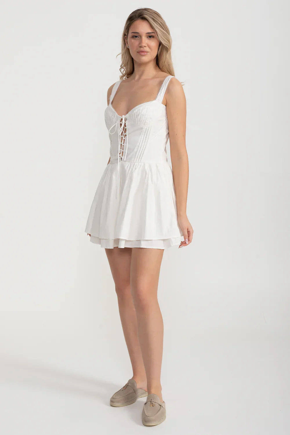 Corset Style Sleeveless Dress With Lace-Up Front Detailing - White