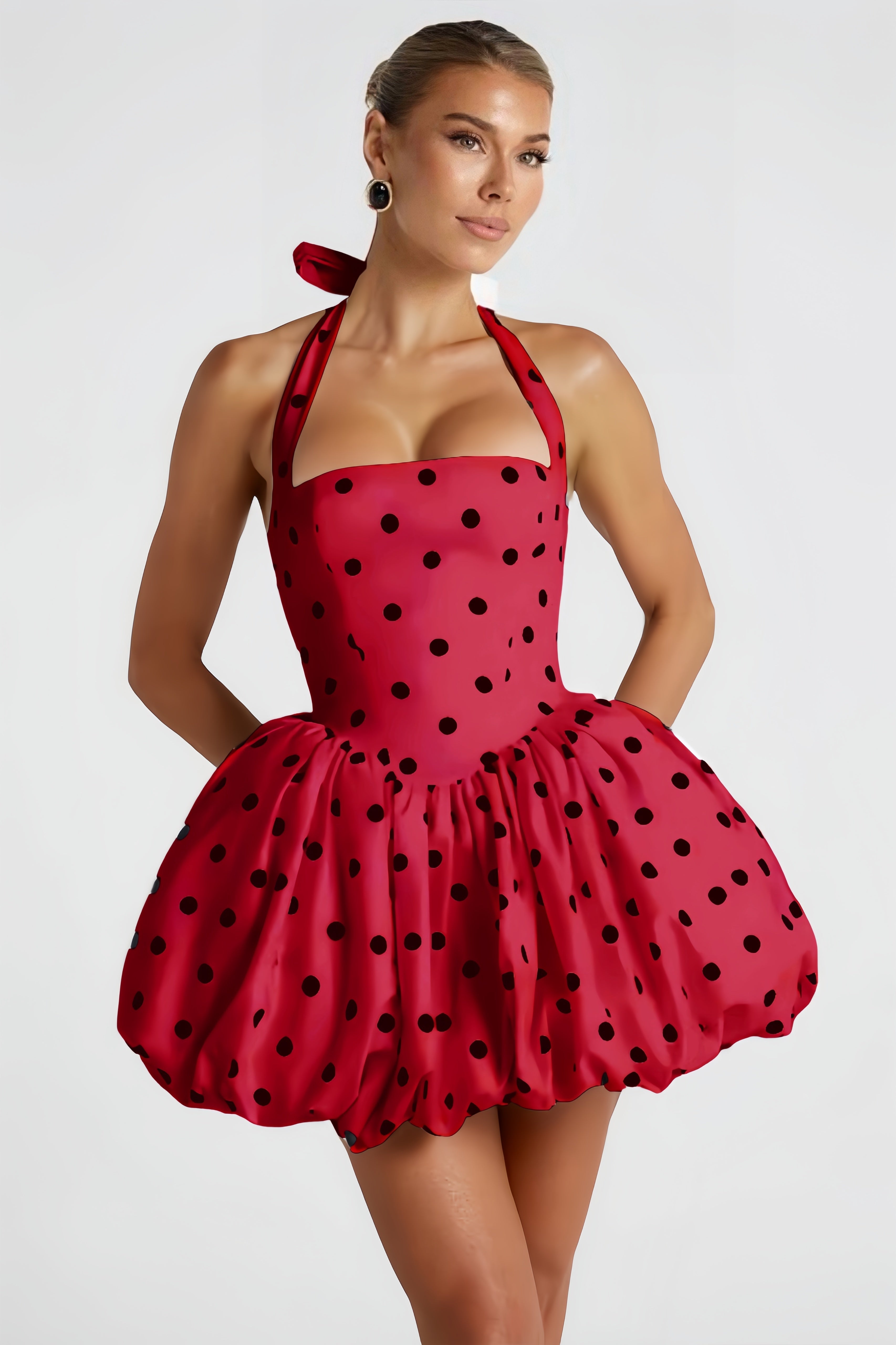 Anaelle Red Polka-dot Shirred Puffball Mini Dress