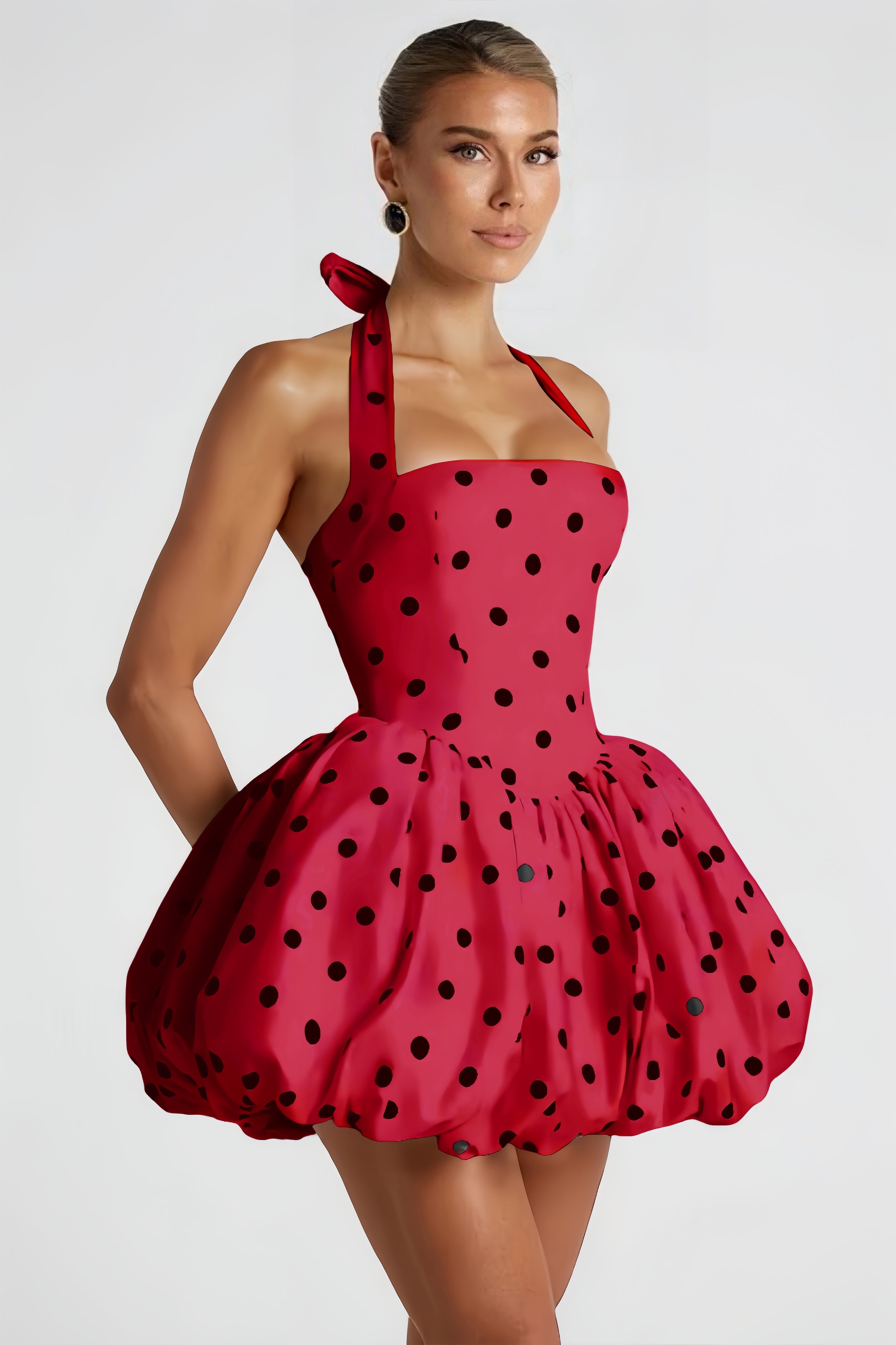 Anaelle Red Polka-dot Shirred Puffball Mini Dress