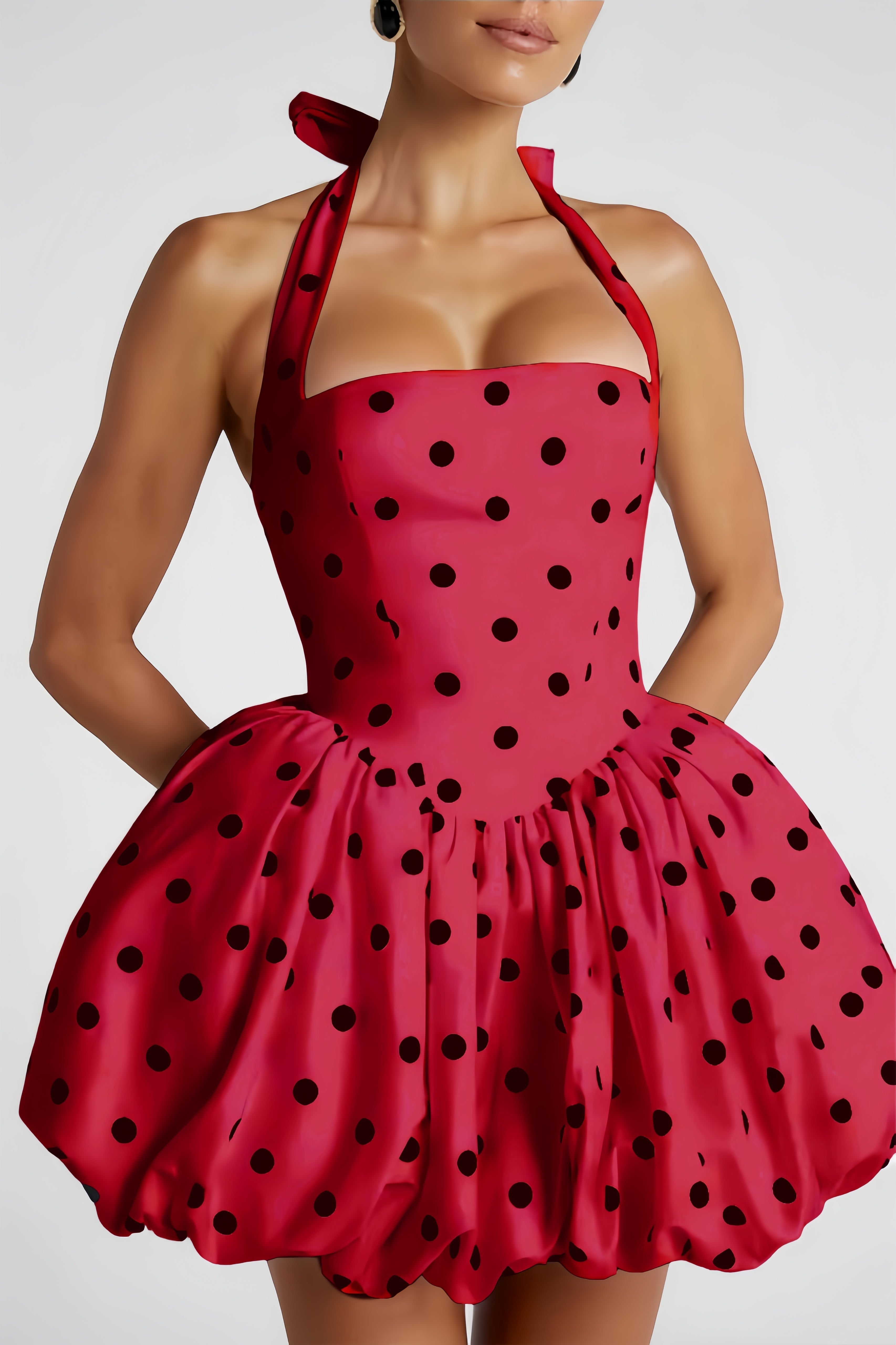 Anaelle Red Polka-dot Shirred Puffball Mini Dress