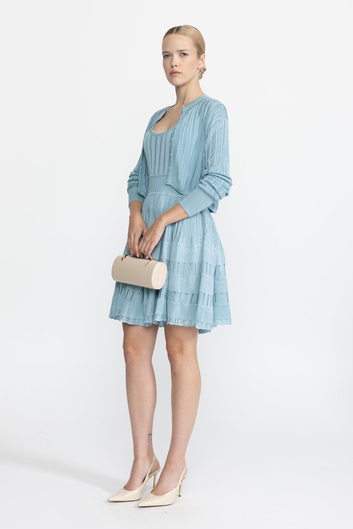 Jacinthe Light Blue Rib Pointelle Knit Cropped Cardigan and Skater Dress Set