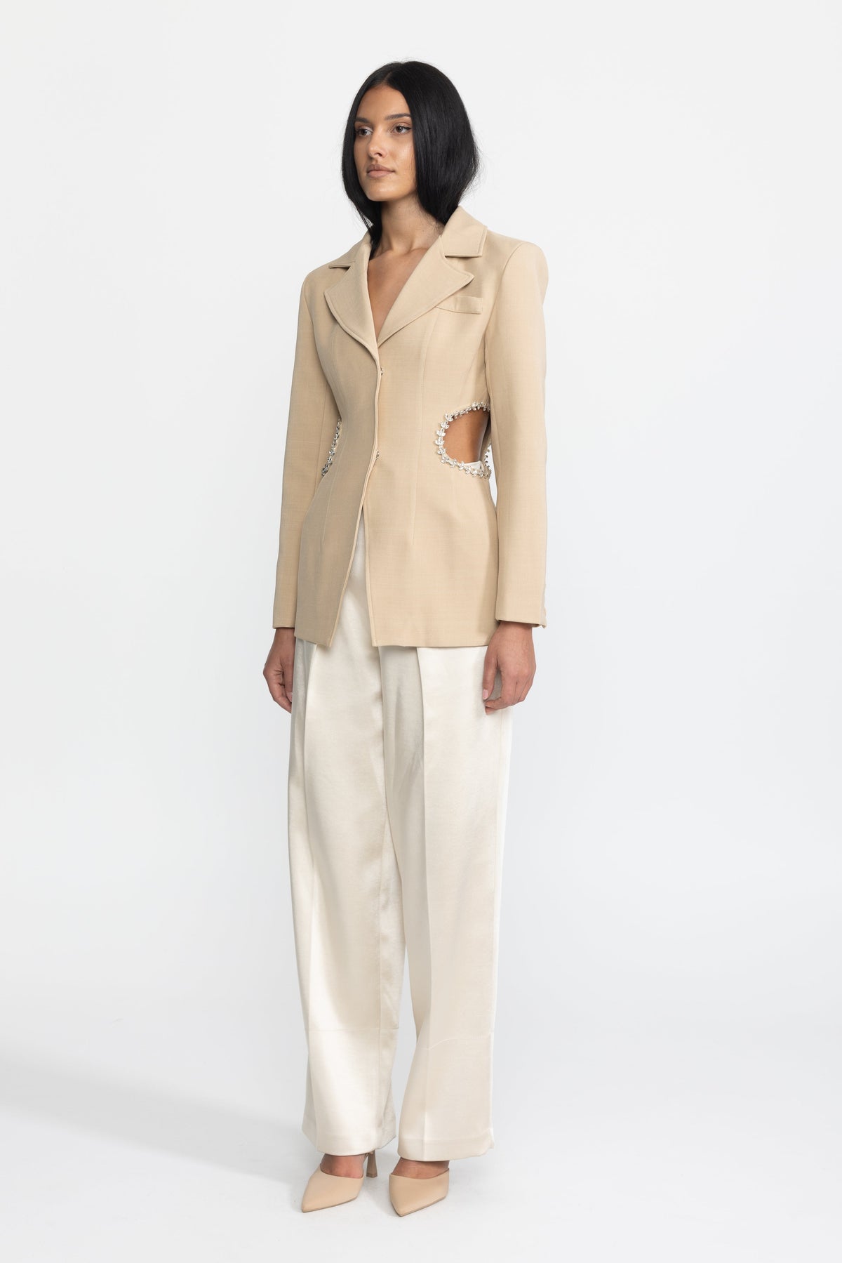 Laetitia Beige Crystal Trim Cutout Waist Tailored Blazer