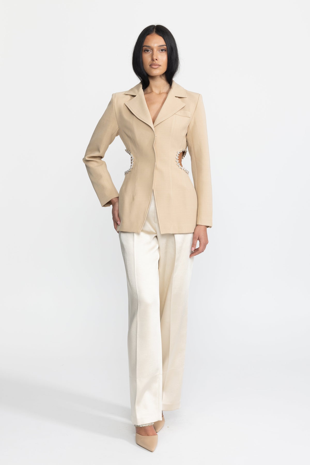 Laetitia Beige Crystal Trim Cutout Waist Tailored Blazer