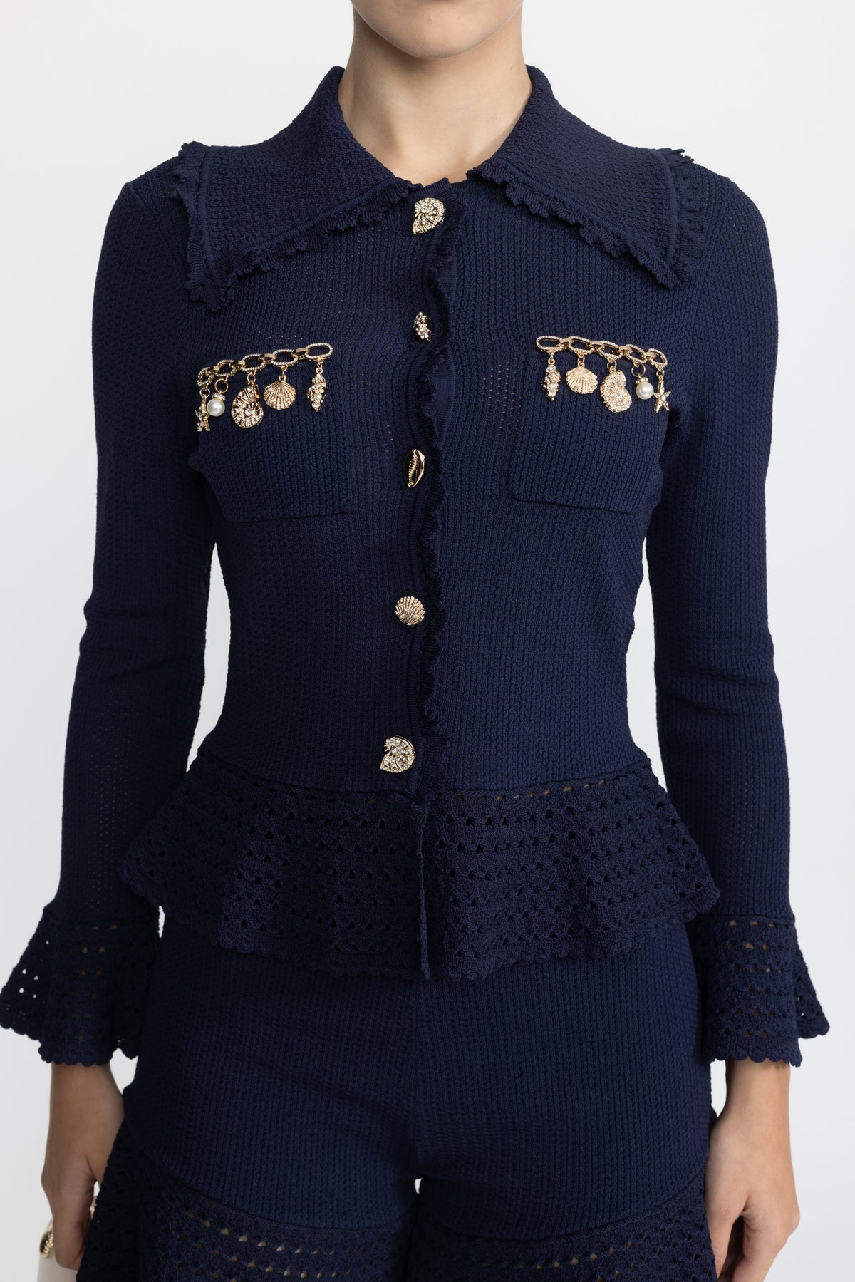 Iris Navy Charm Embellished Knit Peplum Cardigan and Ruffle Shorts Co-ord Set