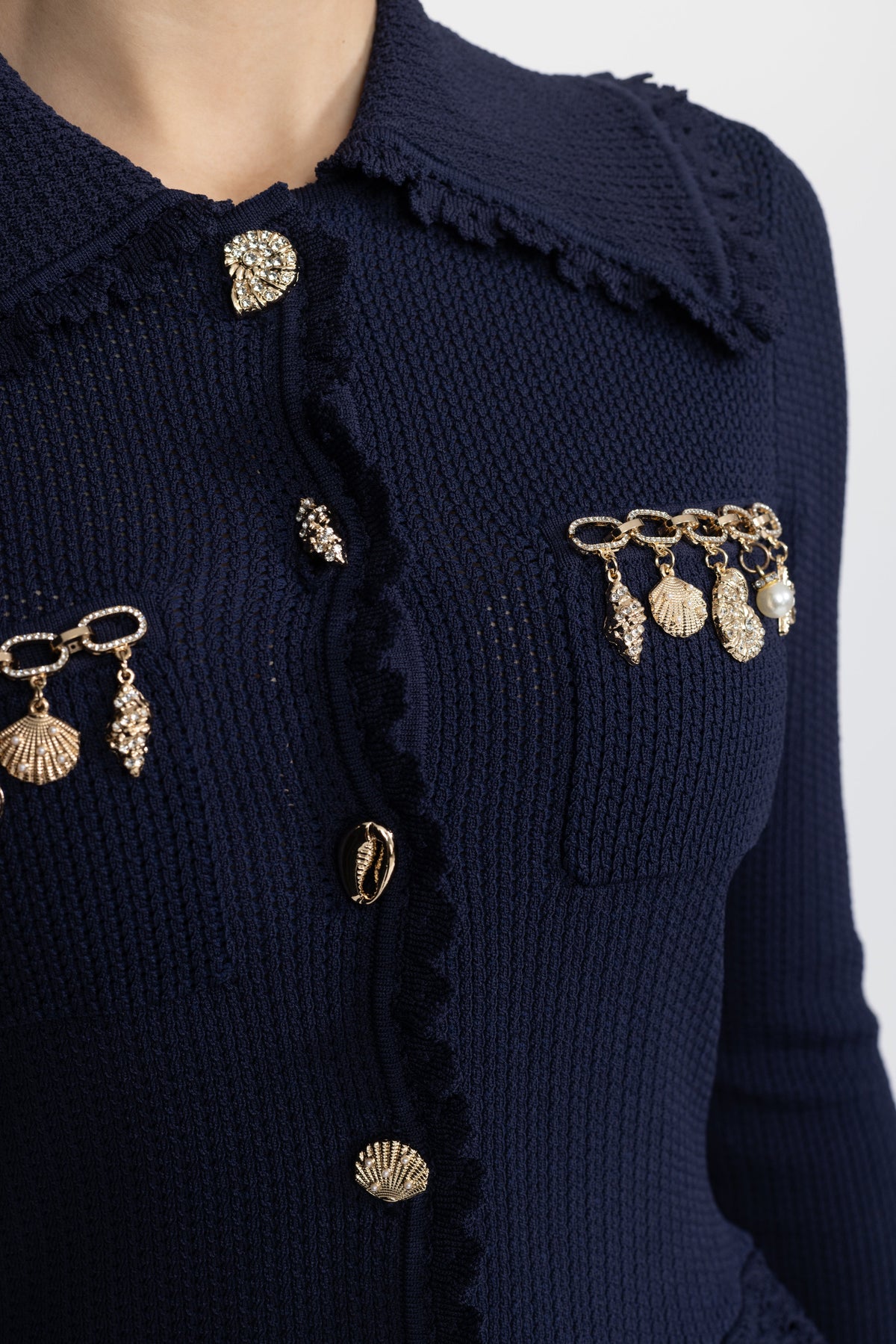 Iris Navy Charm Embellished Knit Peplum Cardigan and Ruffle Shorts Co-ord Set