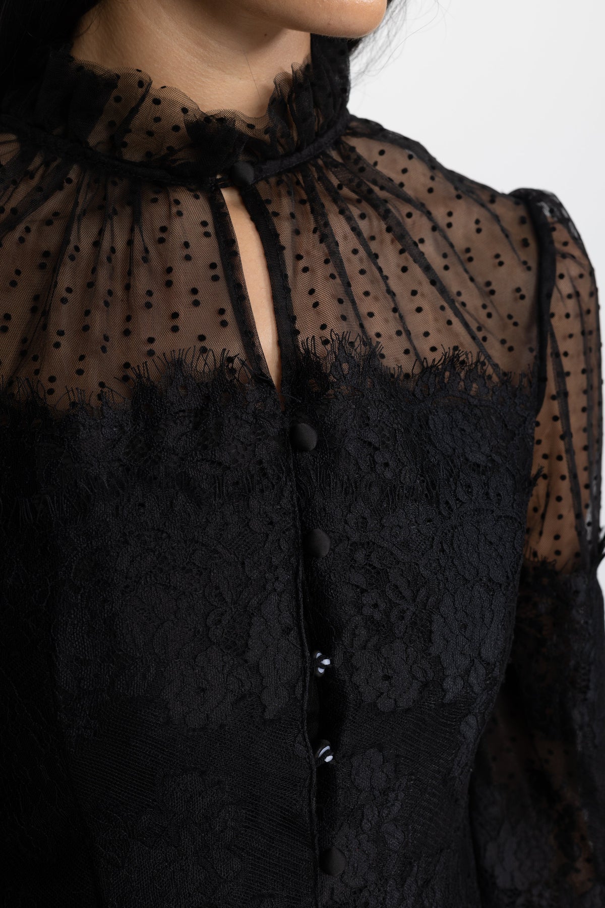 Lydie Black Ruffle Neck Lace and Dot Mesh Cropped Blouse