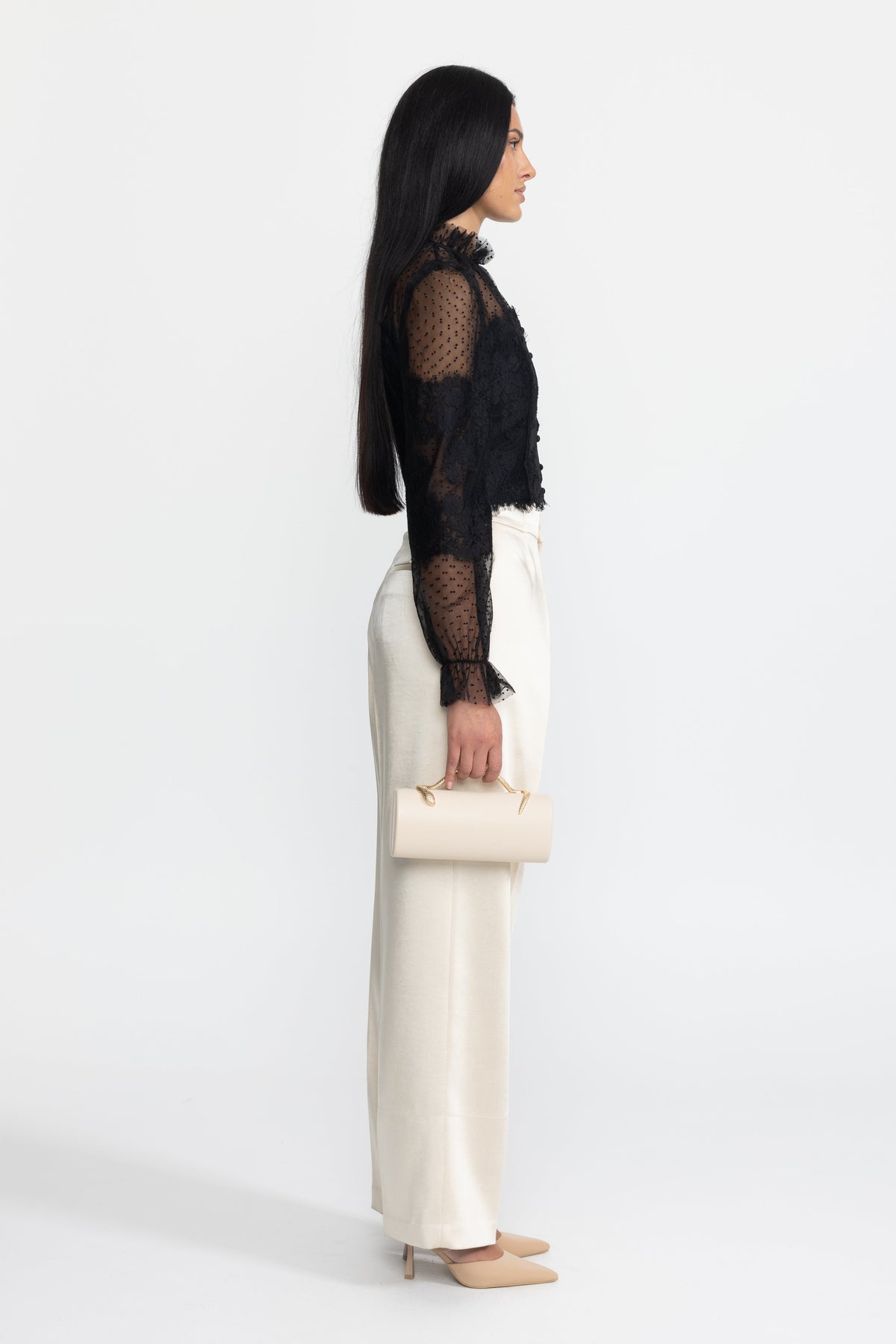 Lydie Black Ruffle Neck Lace and Dot Mesh Cropped Blouse