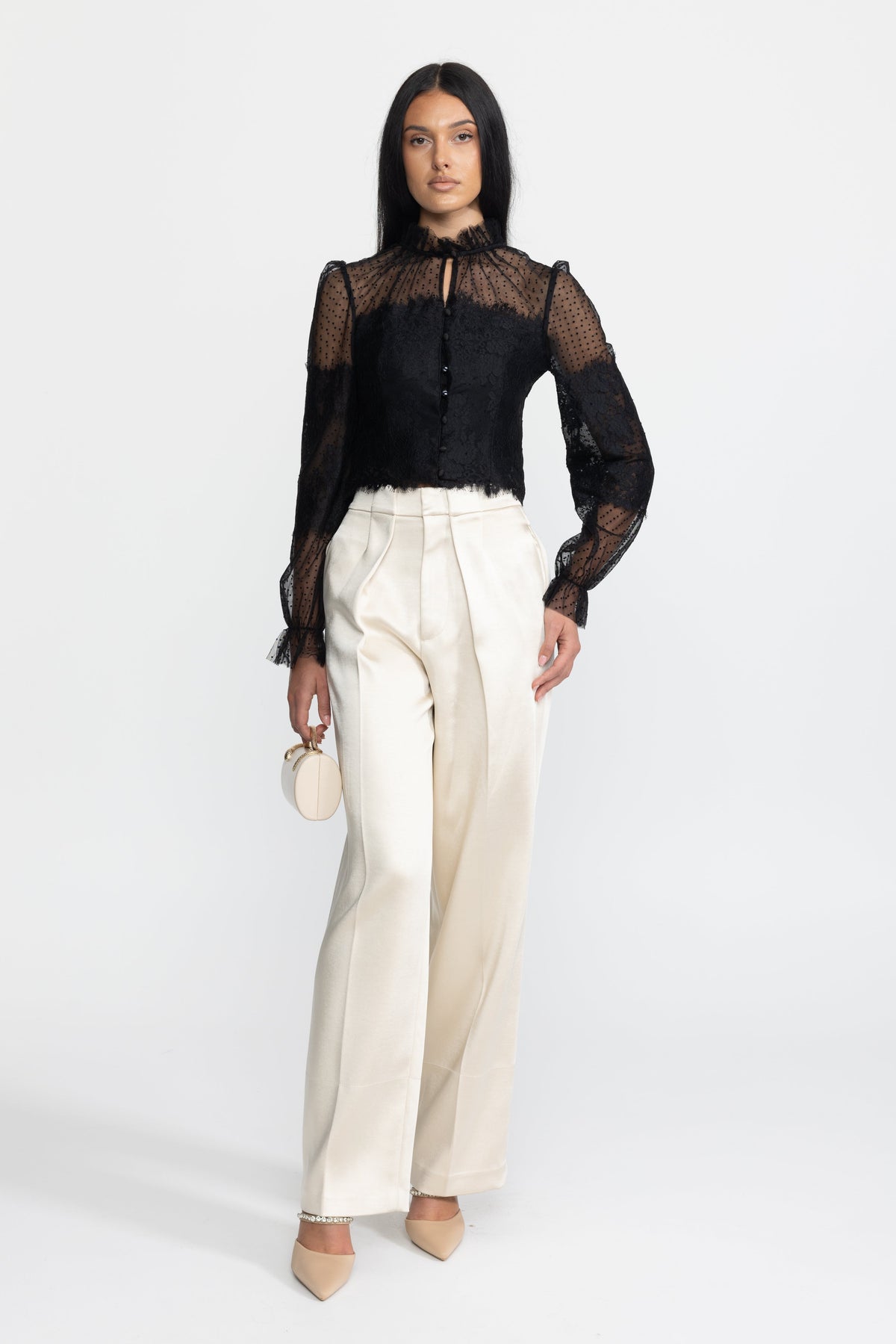 Lydie Black Ruffle Neck Lace and Dot Mesh Cropped Blouse