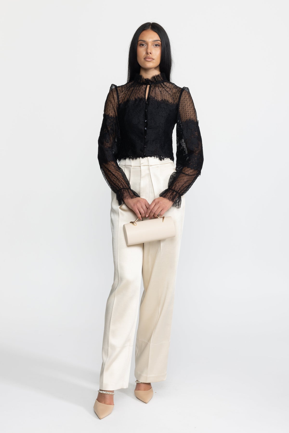 Lydie Black Ruffle Neck Lace and Dot Mesh Cropped Blouse