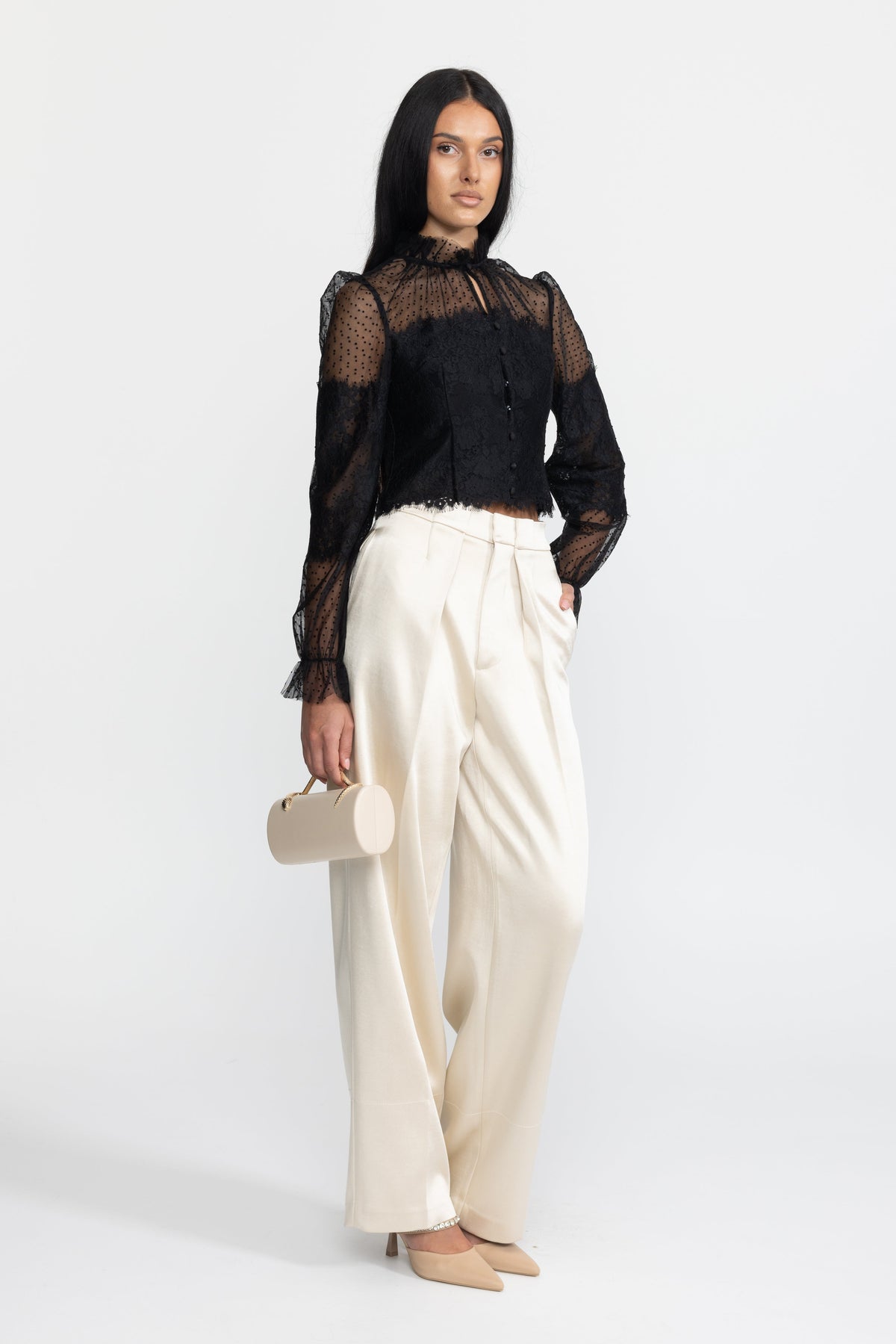Lydie Black Ruffle Neck Lace and Dot Mesh Cropped Blouse