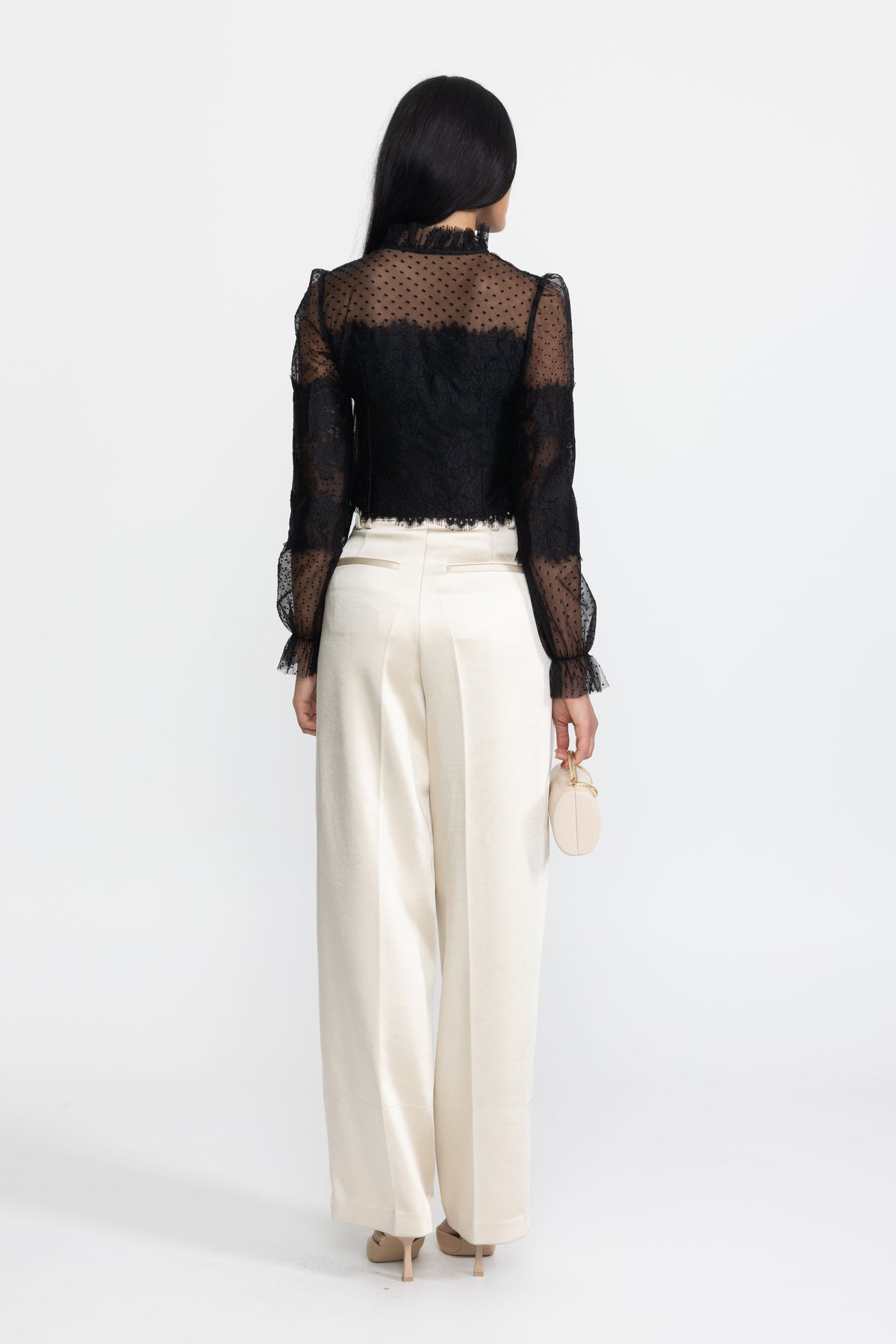 Lydie Black Ruffle Neck Lace and Dot Mesh Cropped Blouse