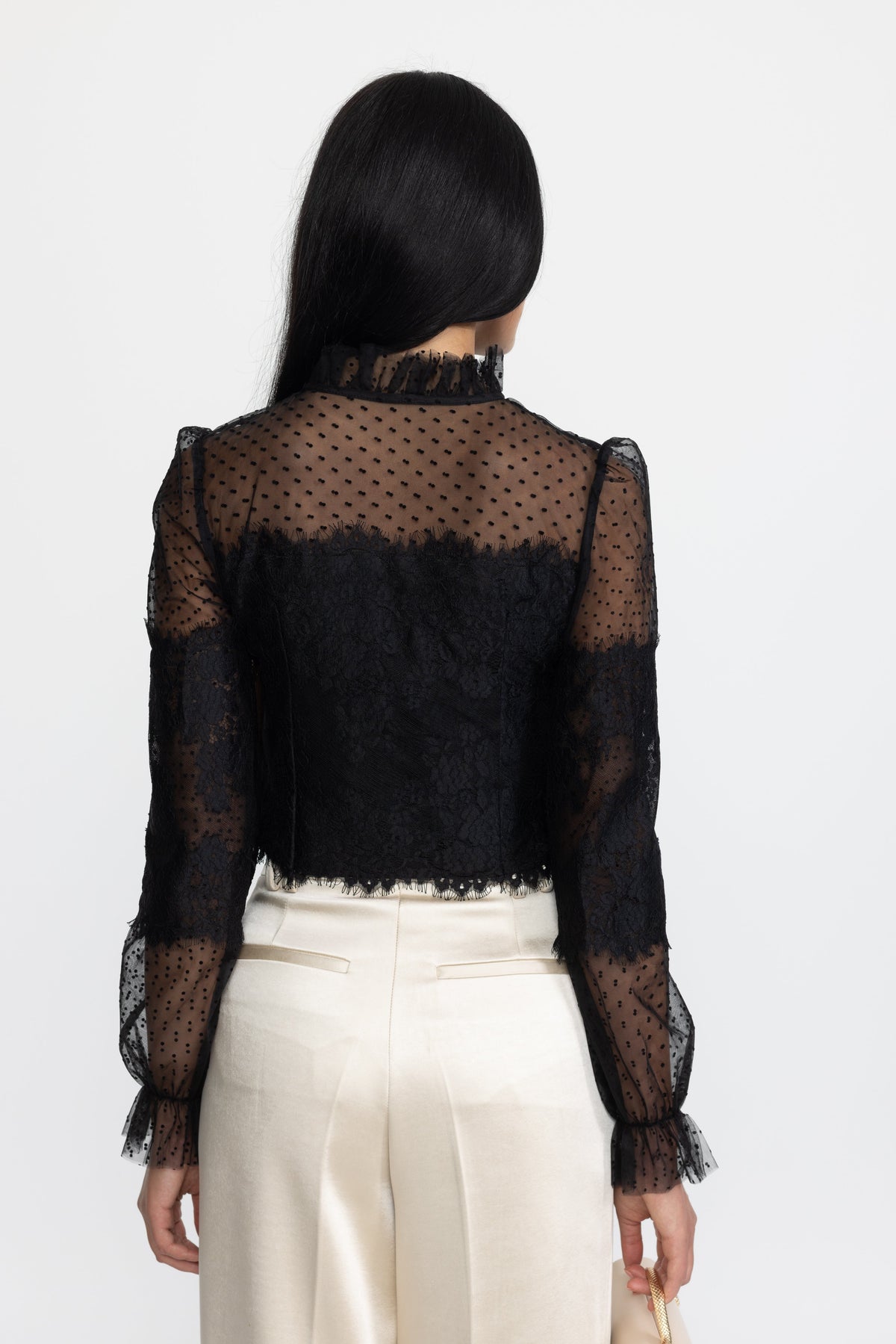Lydie Black Ruffle Neck Lace and Dot Mesh Cropped Blouse