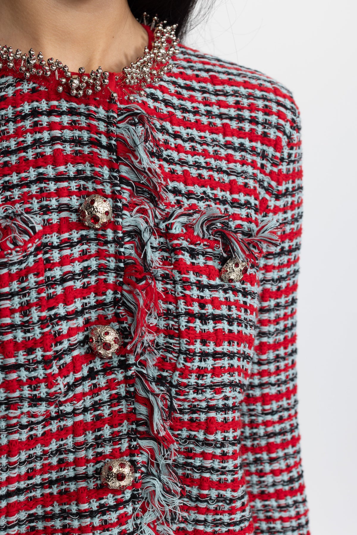 Madeleine Red Multi Fringed Tweed Jacket and Midi Skirt Co-ord Set