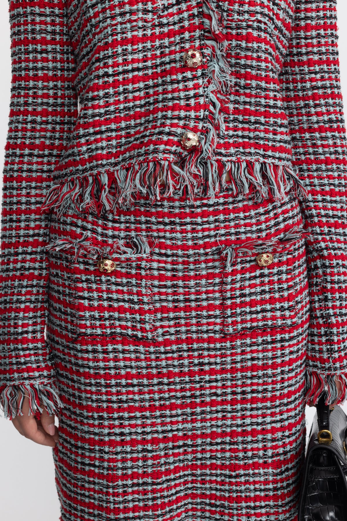 Madeleine Red Multi Fringed Tweed Jacket and Midi Skirt Co-ord Set