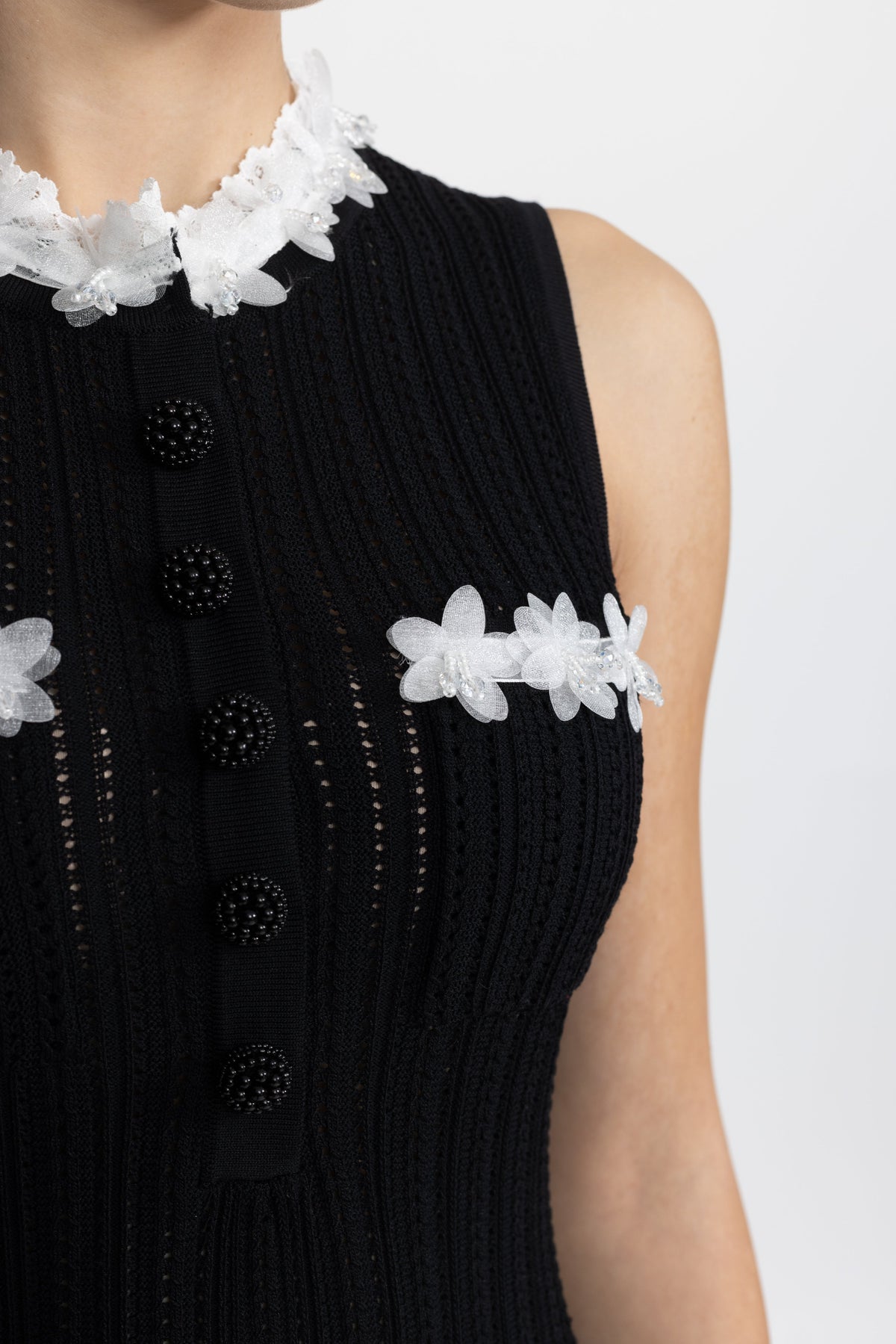 Flavie Black Organza Flower Trim Pointelle Knit Mini Dress