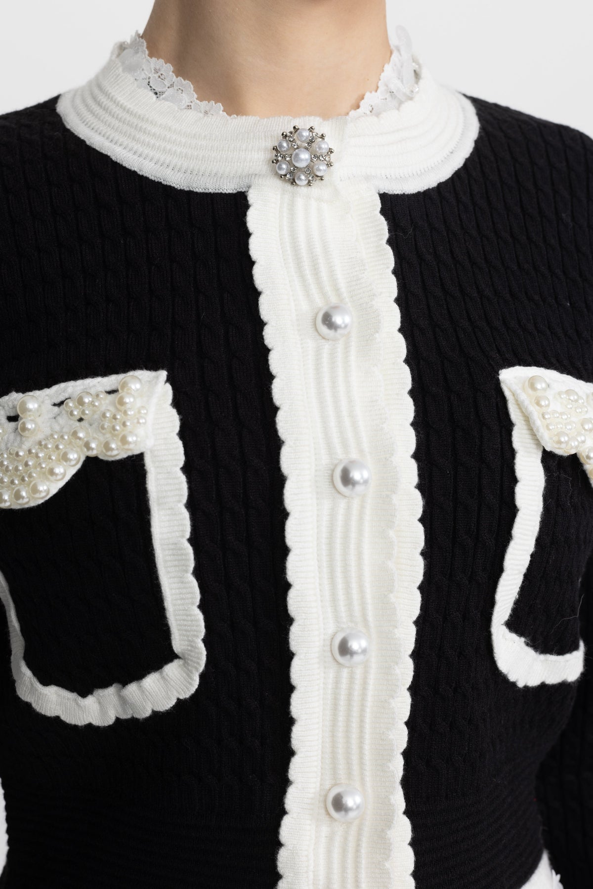 Nicolette Black Pearl Embellished Contrast Trim Cable Knit Cropped Cardigan